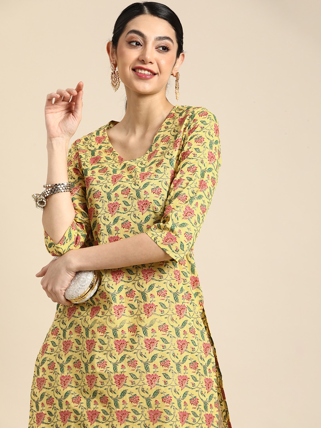 

Anouk Floral Printed Pure Cotton Kurta, Yellow