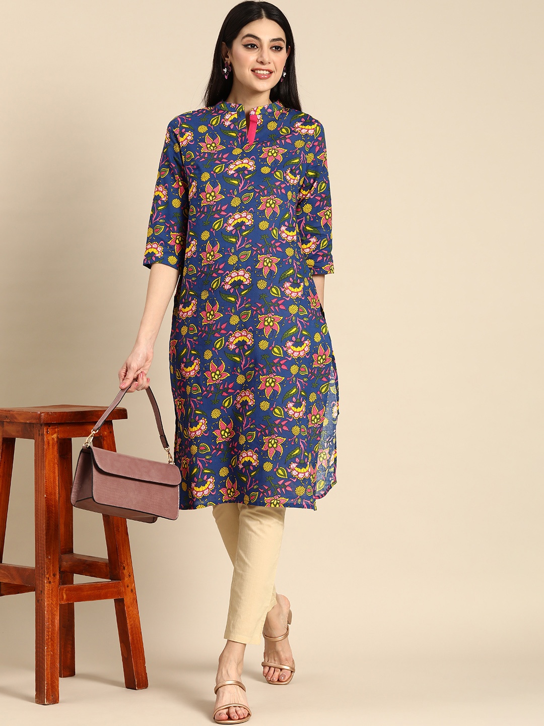 

Anouk Women Pure Cotton Floral Printed Indigo Kurta, Multi