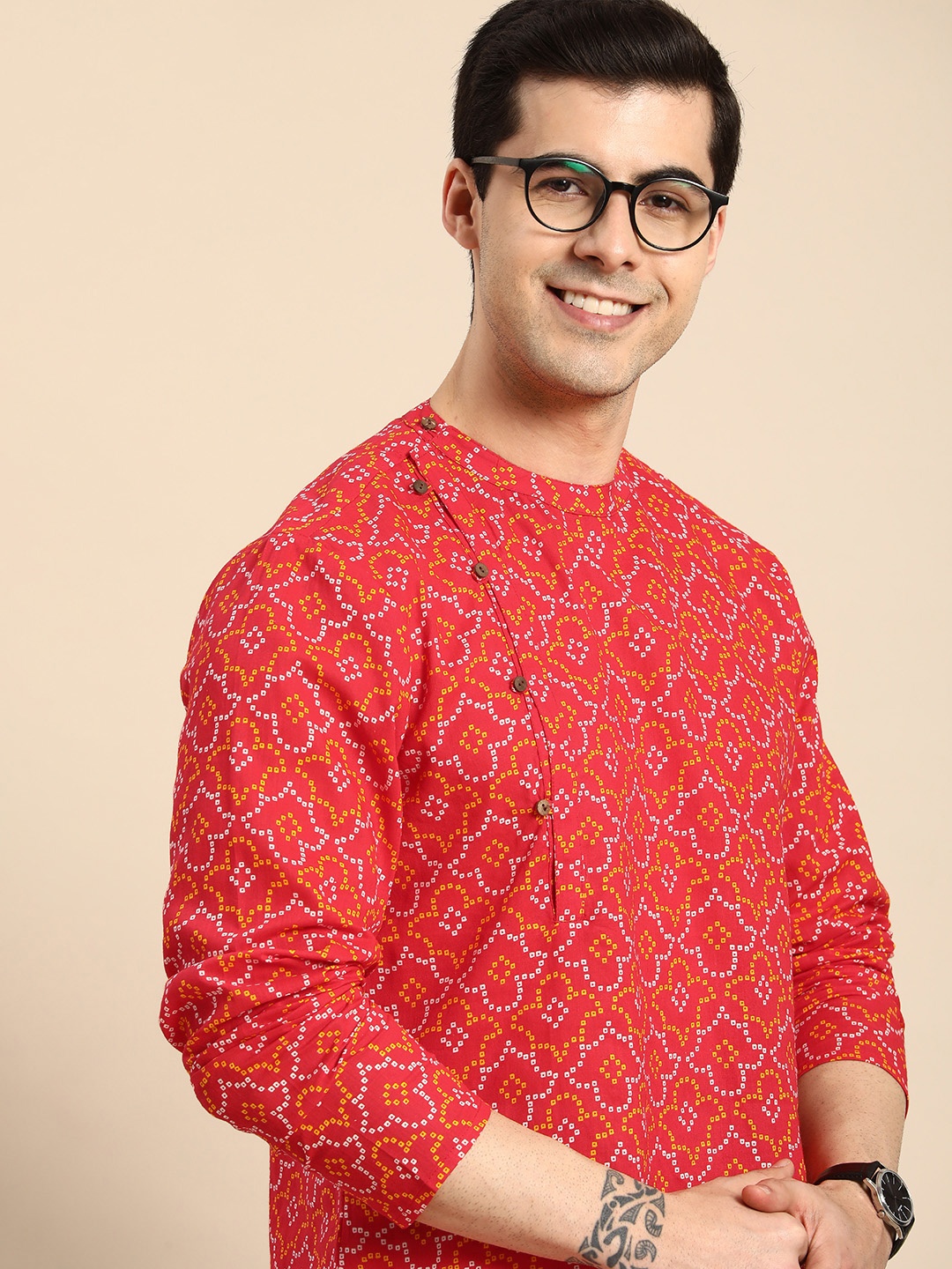 

Anouk Men Pure Cotton Bandhani Printed Angrakha Kurta, Red