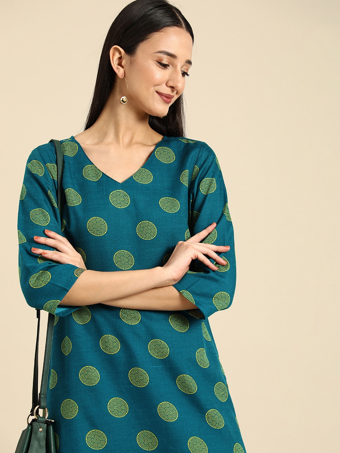 

Anouk Geometric Printed V-Neck A-Line Kurta, Teal