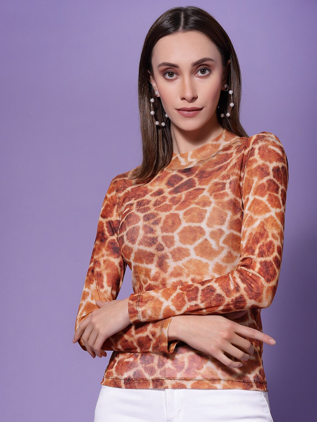 

KASSUALLY Animal Print Net Top, Brown