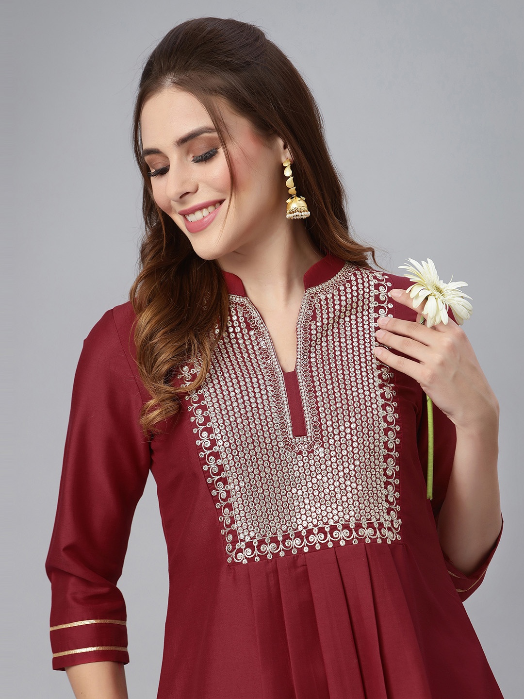 

SKYLEE Floral Yoke Design Thread Work Pleated Kurti, Maroon