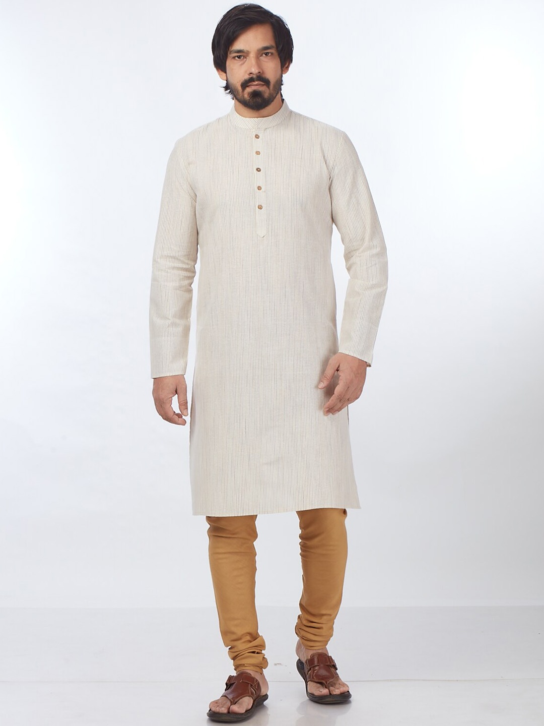 

Blacksmith Men Striped Thread Work Jacquard Kurta, Gold