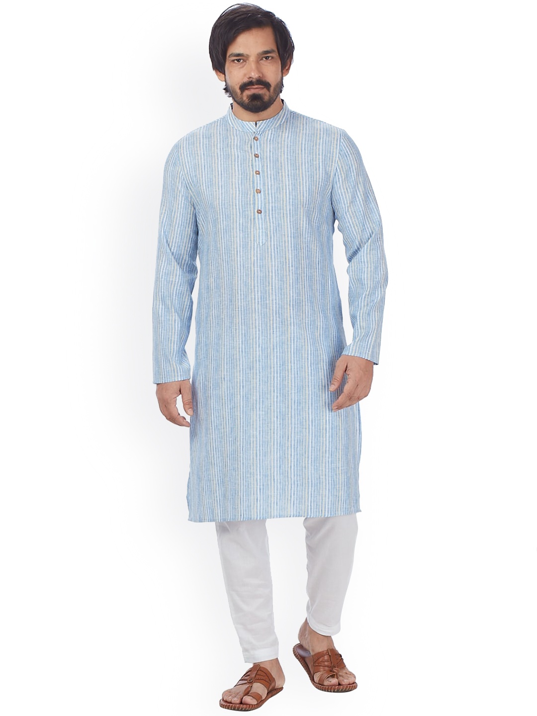 

Blacksmith Men Striped Thread Work Jacquard Kurta, Blue