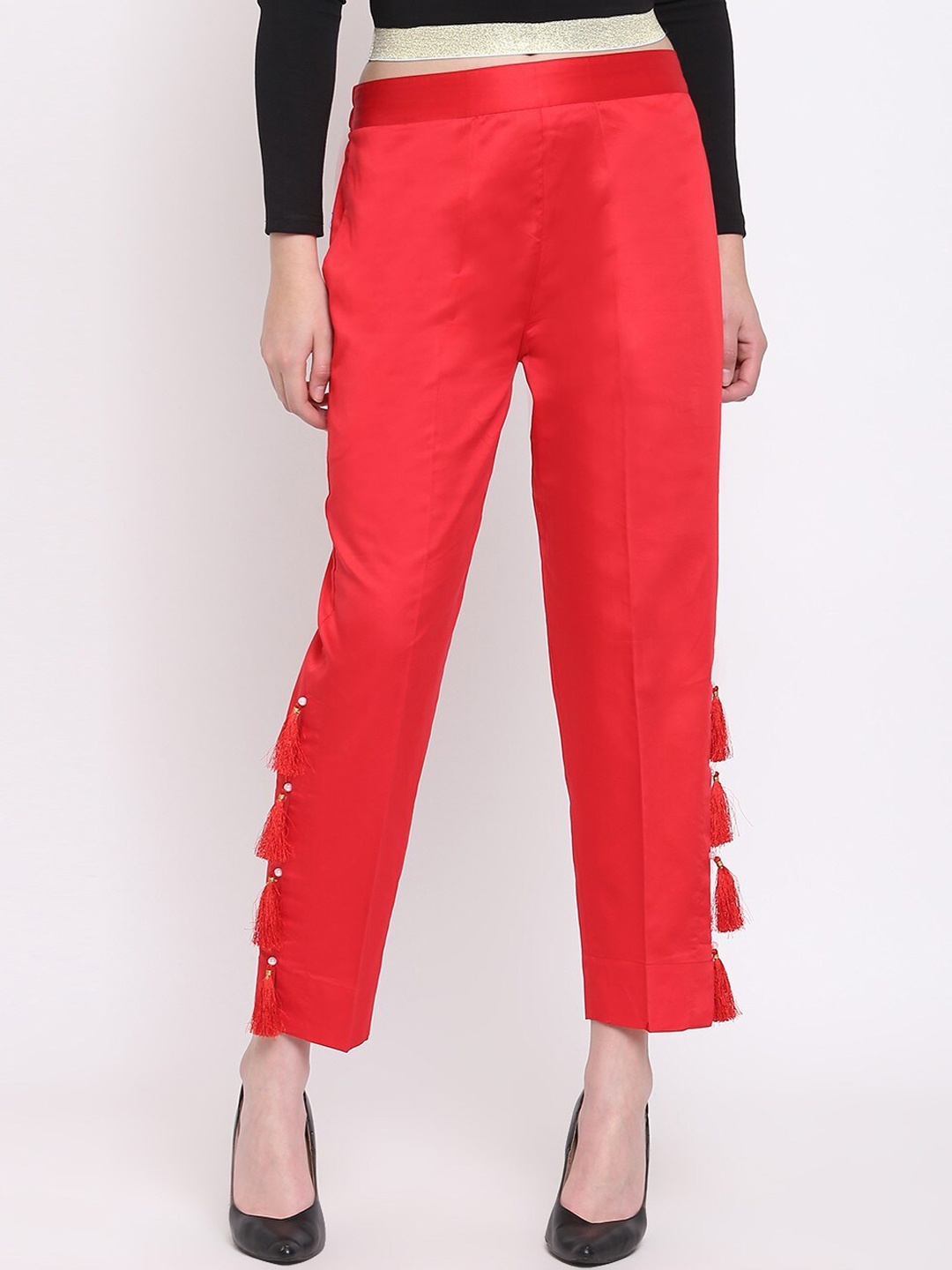 

RIVI Women Easy Wash Pure Cotton Trousers, Red