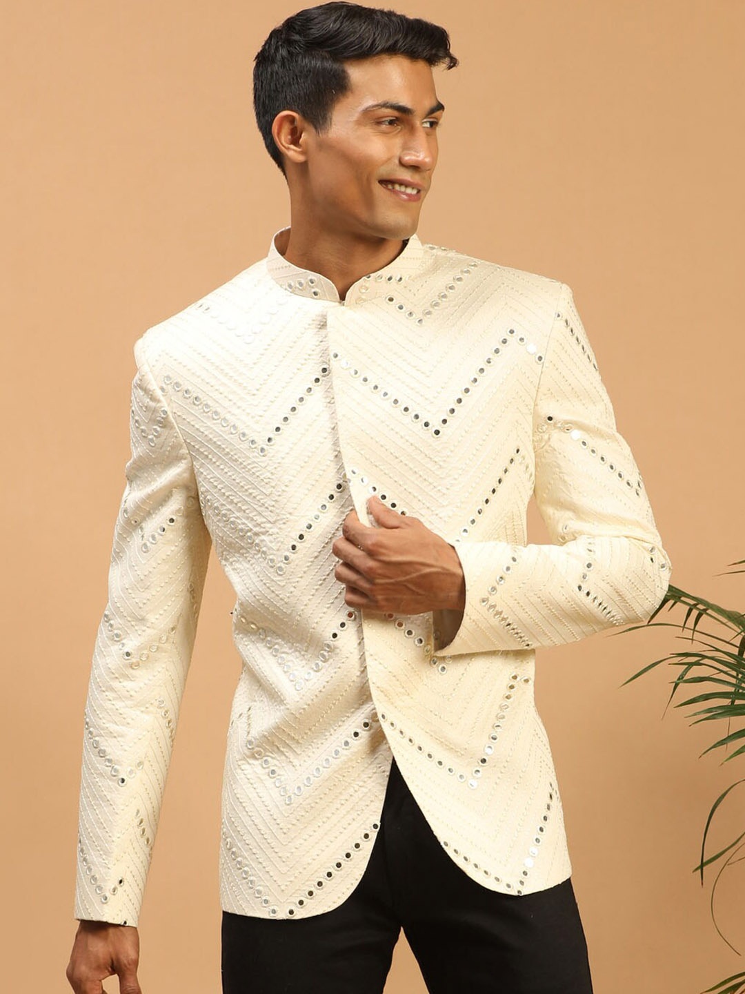 

VASTRAMAY Men Embroidered Mirror Work Slim-Fit Bandhgala Blazers, Cream
