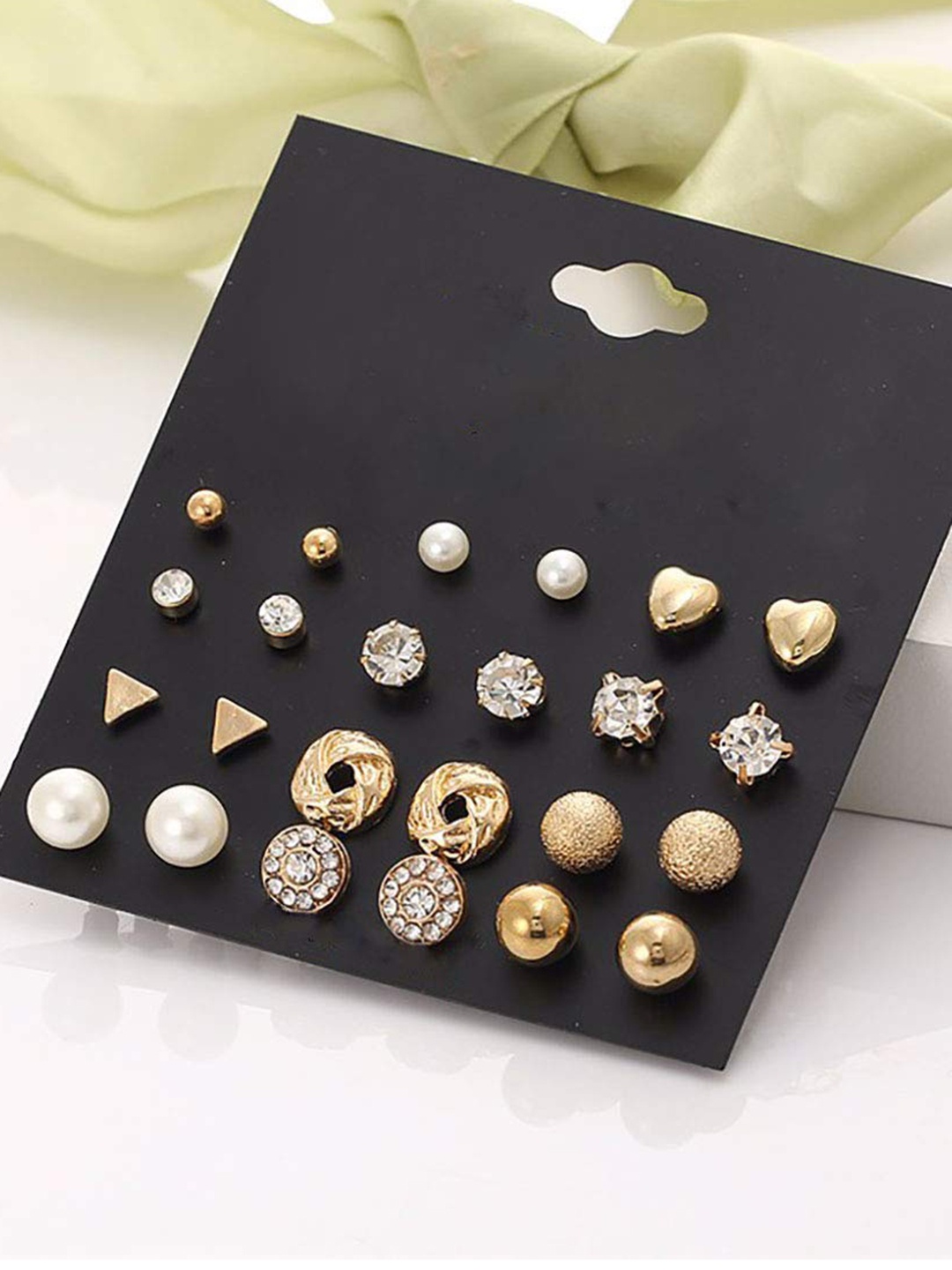 

The Pari Set of 12 Rhodium Plated Contemporary Studs Earrings, Gold