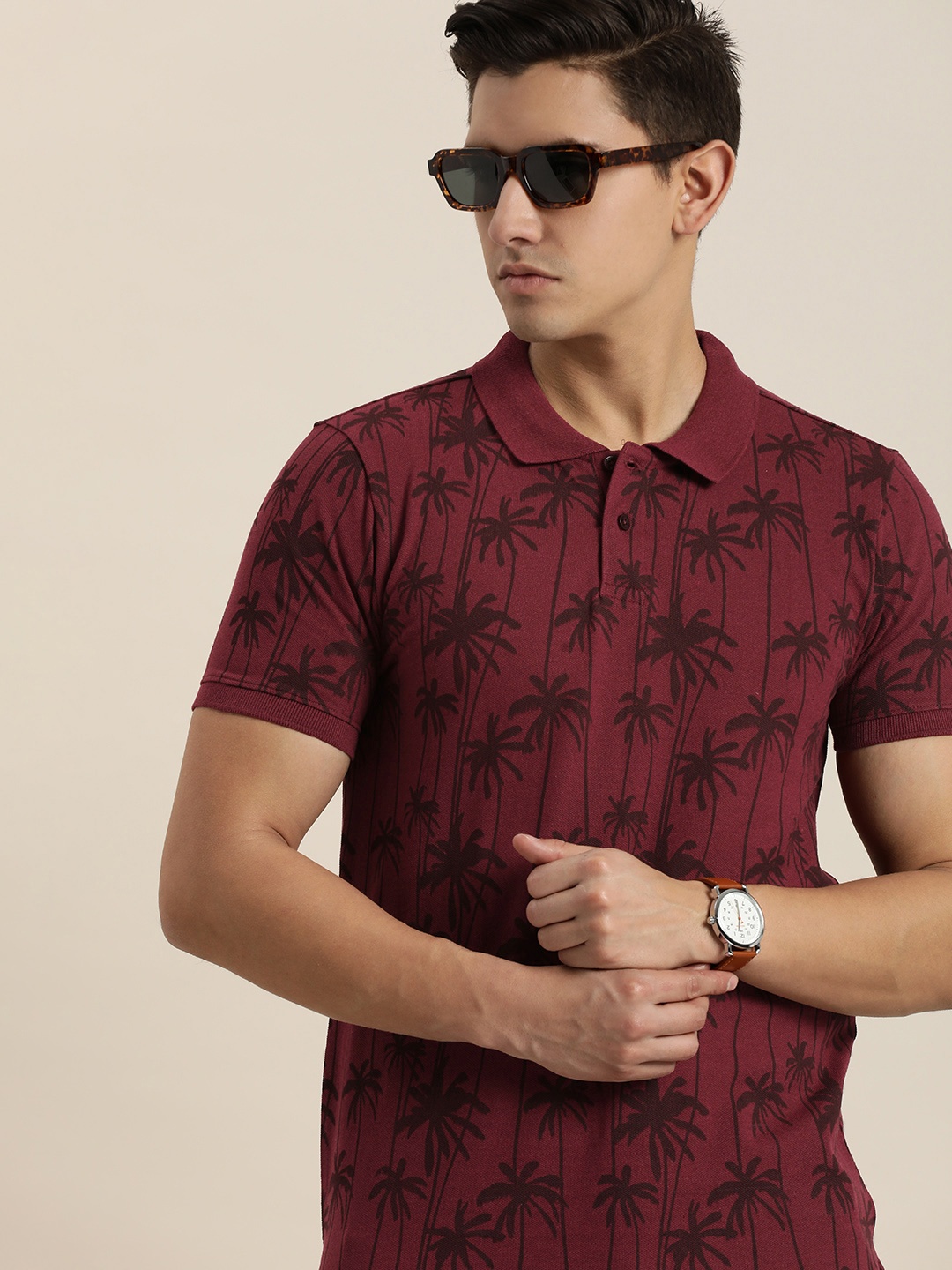 

INVICTUS Tropical Printed Polo Collar T-shirt, Maroon