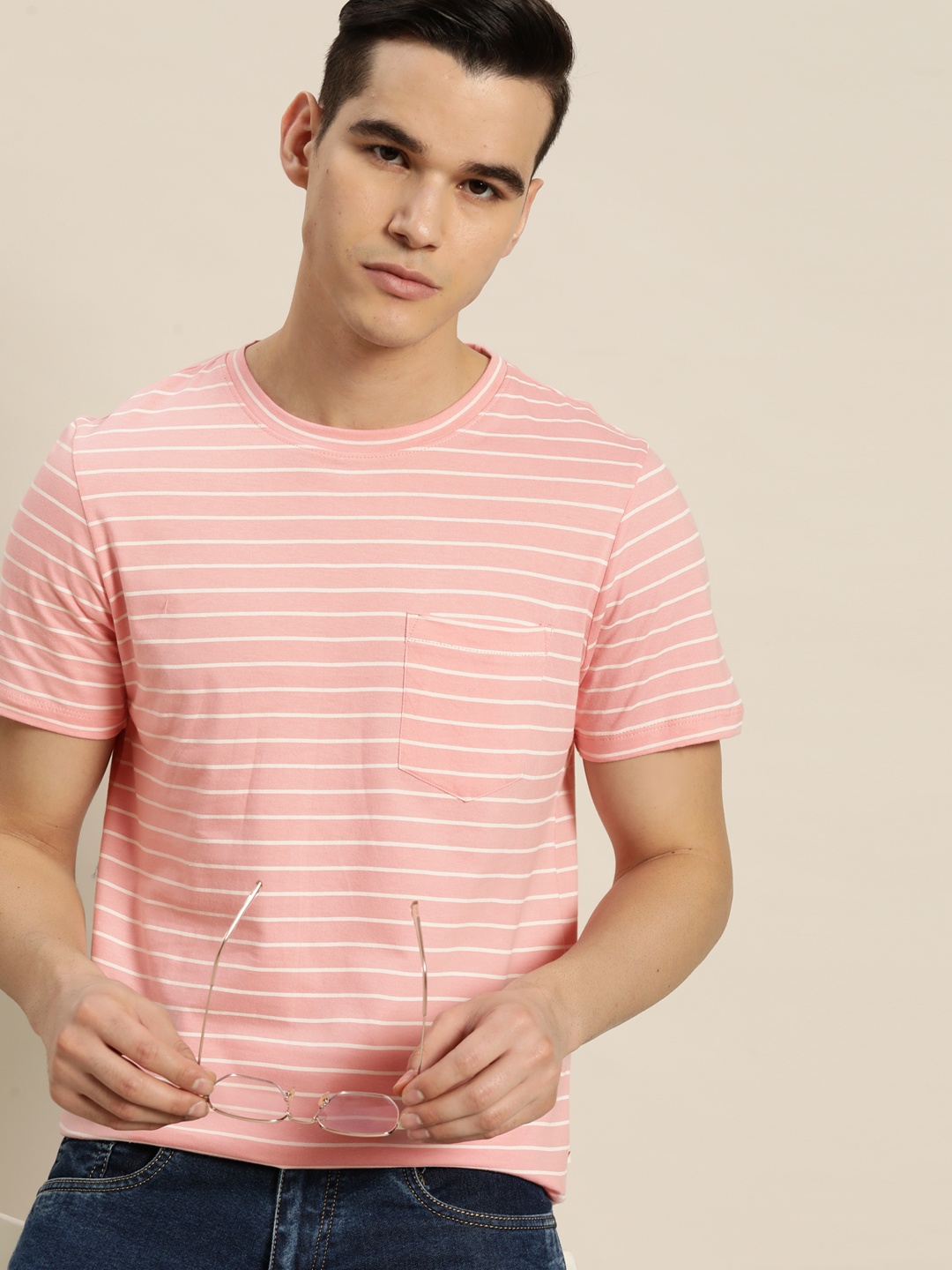 

INVICTUS Striped Pure Cotton T-shirt, Pink