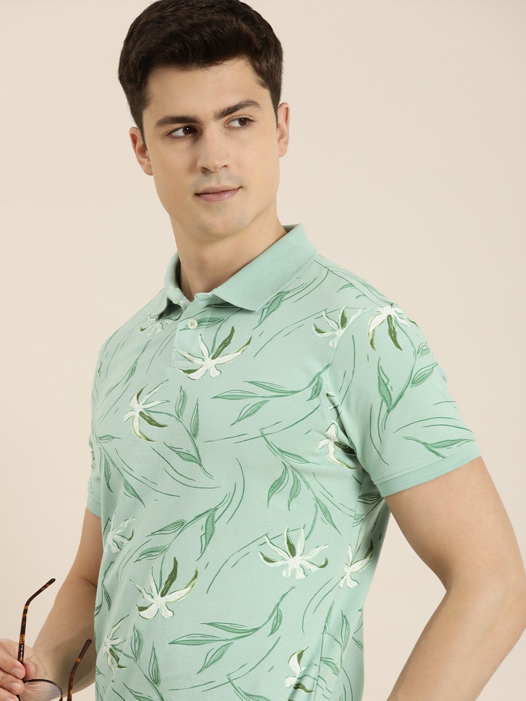 

INVICTUS Floral Printed Polo Collar Pure Cotton T-shirt, Green