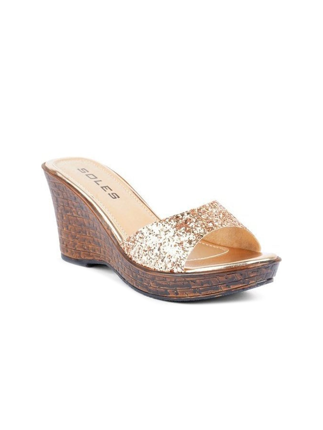 

SOLES Rose Gold Embellished Wedge Peep Toes
