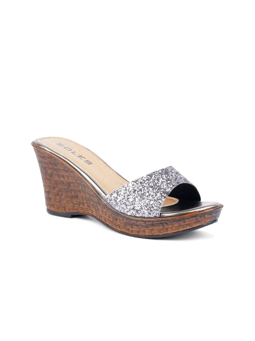 

SOLES Gunmetal-Toned Embellished Wedge Peep Toes, Metallic