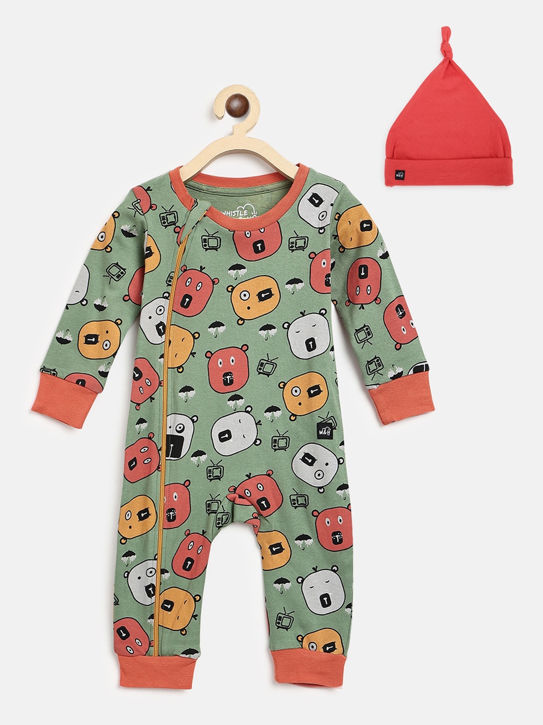

Whistle & Hops Infant Combo of Hippie Bear Zippie & Beanie, Green