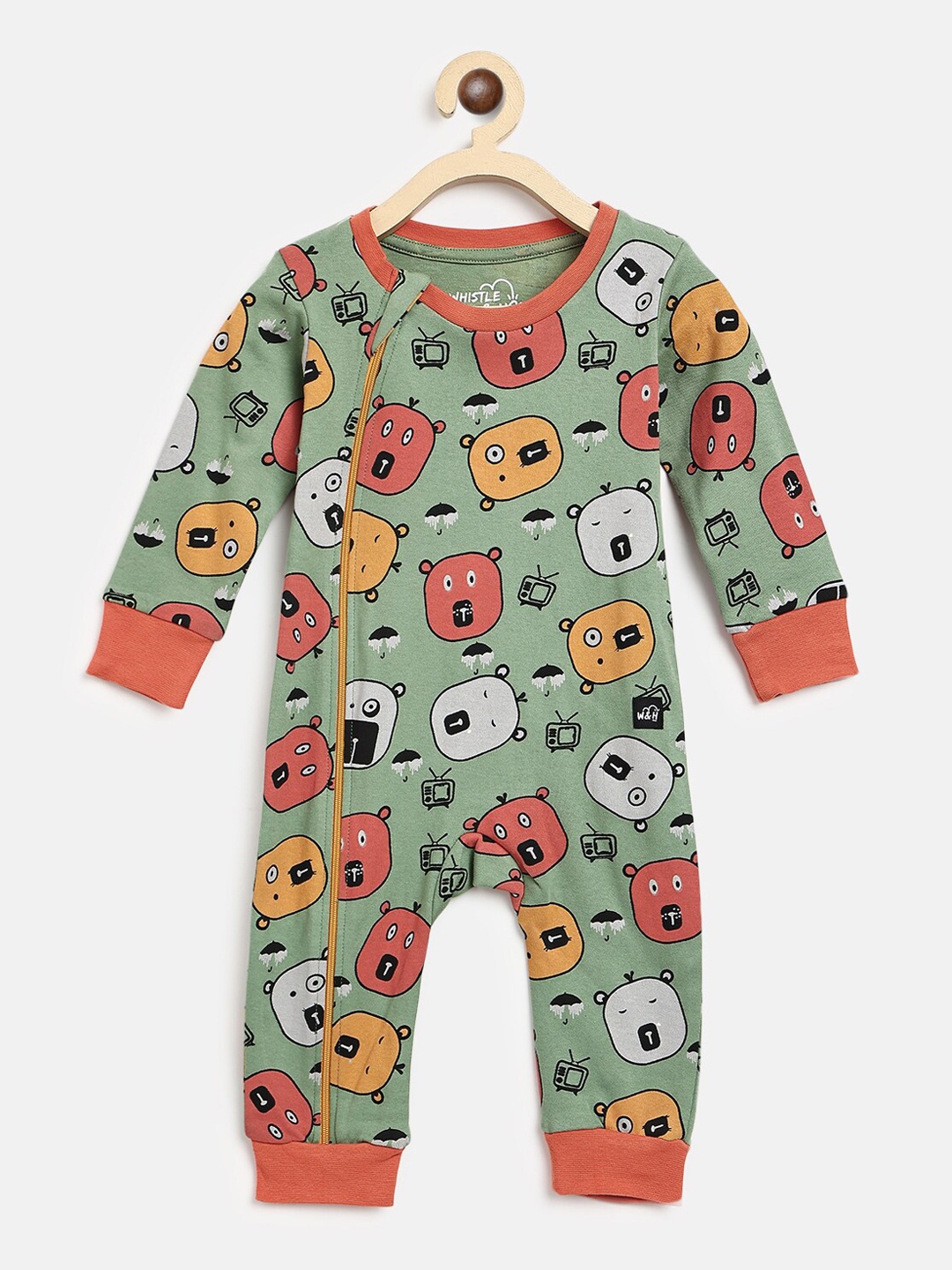

Whistle & Hops Infants Hippie Bear Printed Organic Cotton Zippie, Green
