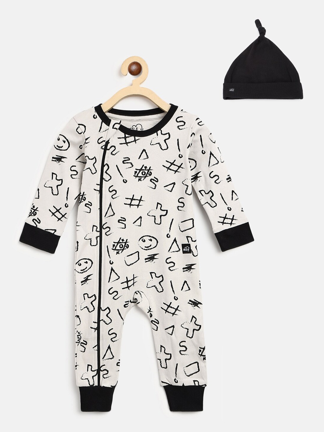 

Whistle & Hops Infant Combo of Bear Zippie & Black Beanie Hashtag Zippie, White