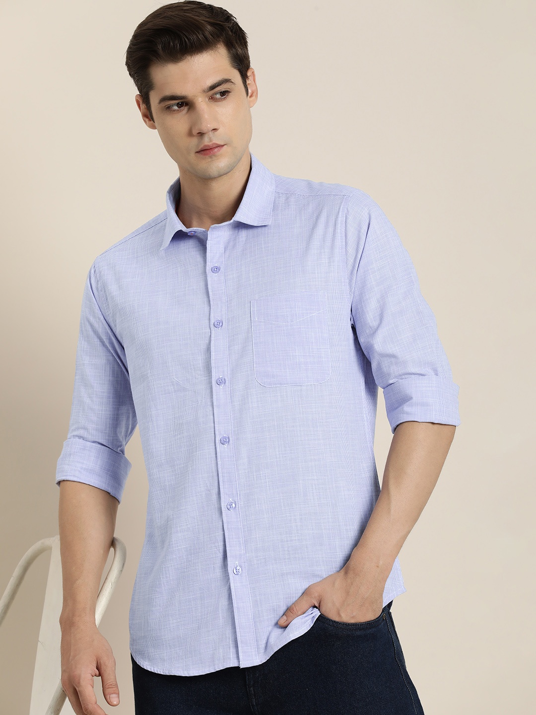 

INVICTUS Sport Slim Fit Tooth Hound Micro Checks Pure Cotton Casual Shirt, Blue