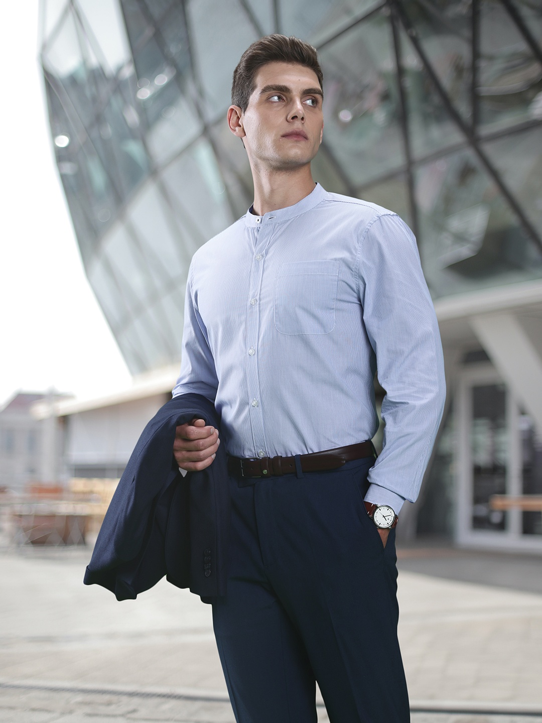 

INVICTUS Band Collar Slim Fit Vertical Striped Formal Shirt, Blue