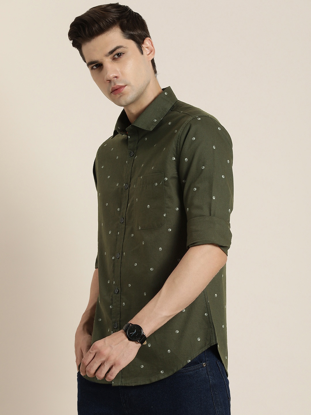 

INVICTUS Slim Fit Printed Pure Cotton Casual Shirt, Olive