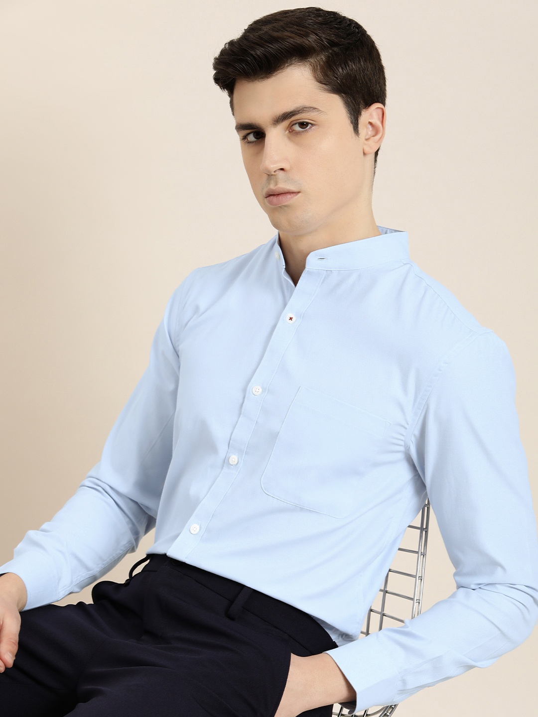 

INVICTUS Men Slim Fit Band Collar Geometric Printed Semiformal Shirt, Blue