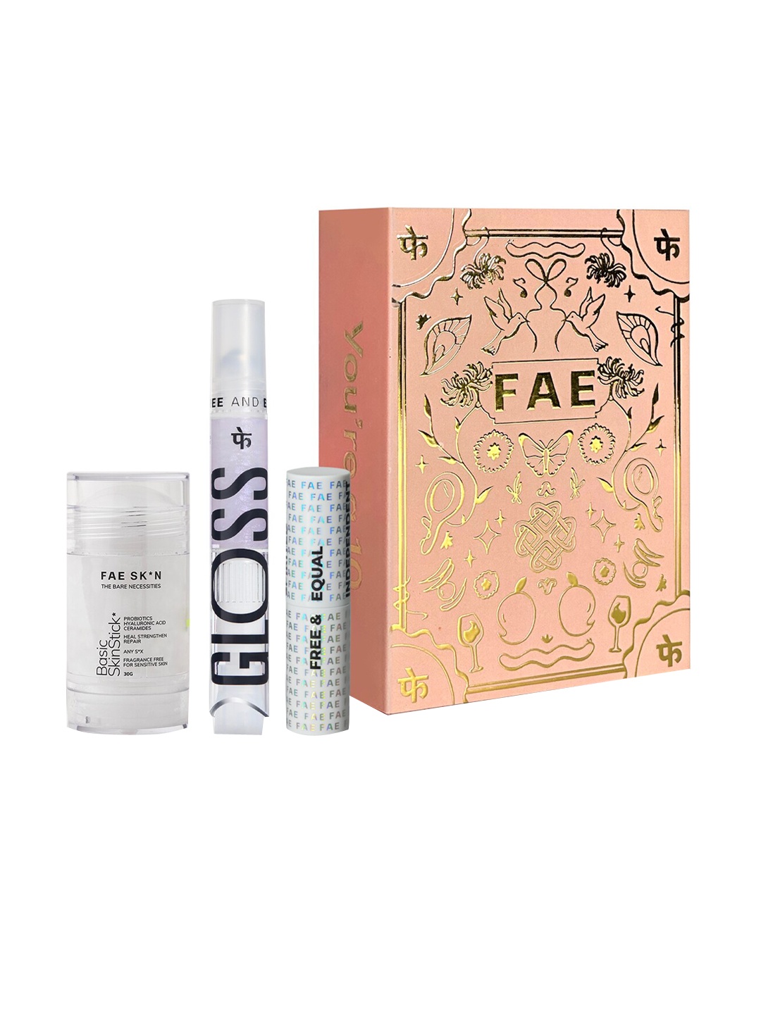 

FAE BEAUTY Gift Box | Glaws GLoss + Modern Matte Lipstick + Basic Skinstick | Lips + Skin, Transparent