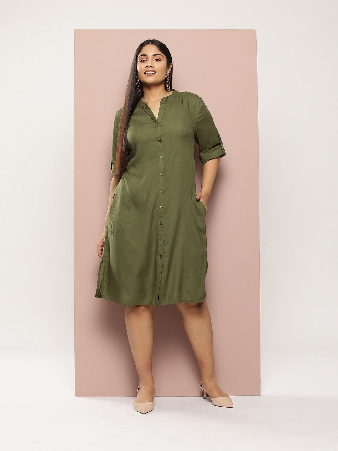 

Sztori Plus Size Waist Tie-Up Shirt Dress, Olive