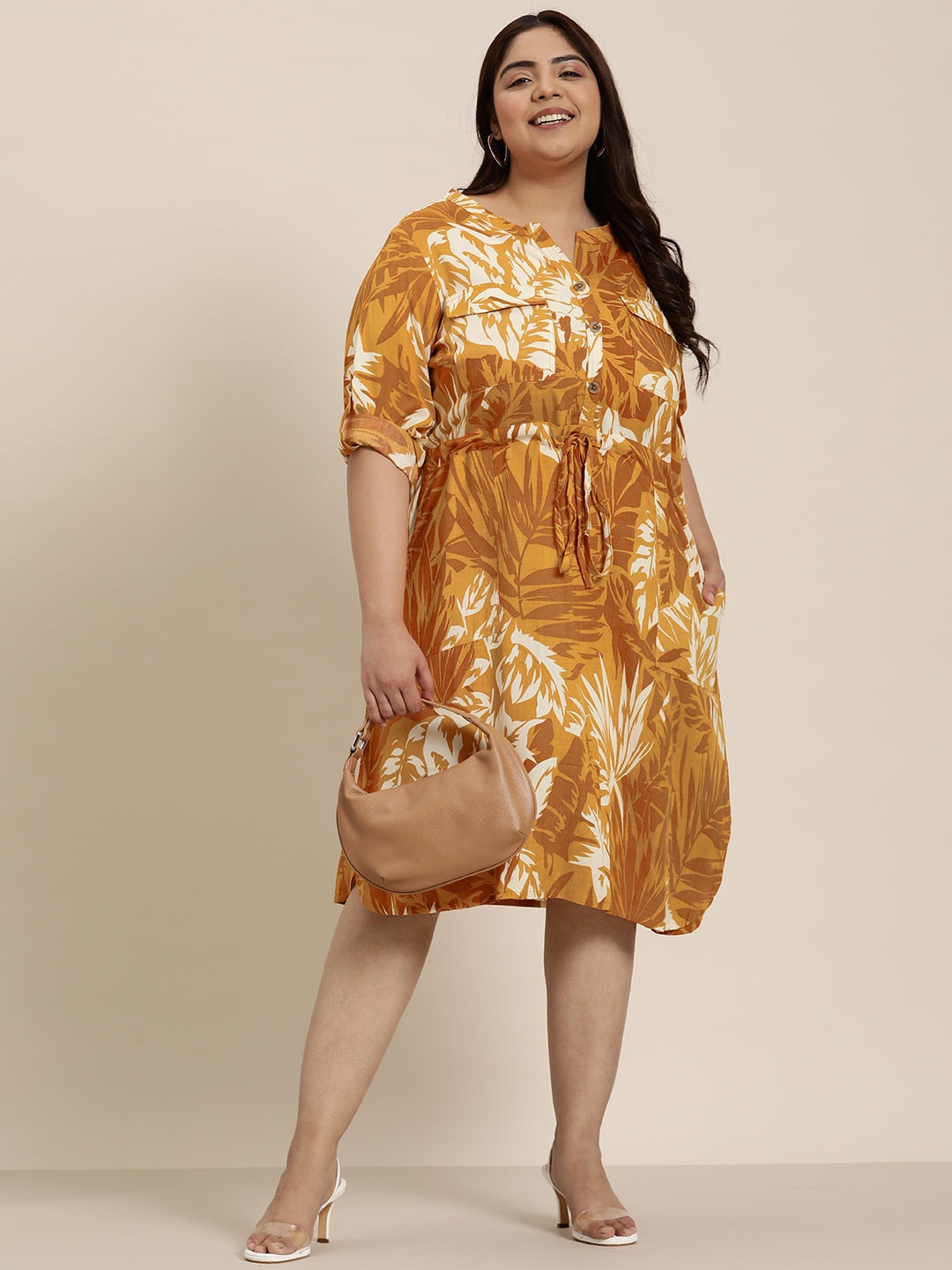 

Sztori Plus Size Tropical Print A-Line Midi Dress, Mustard