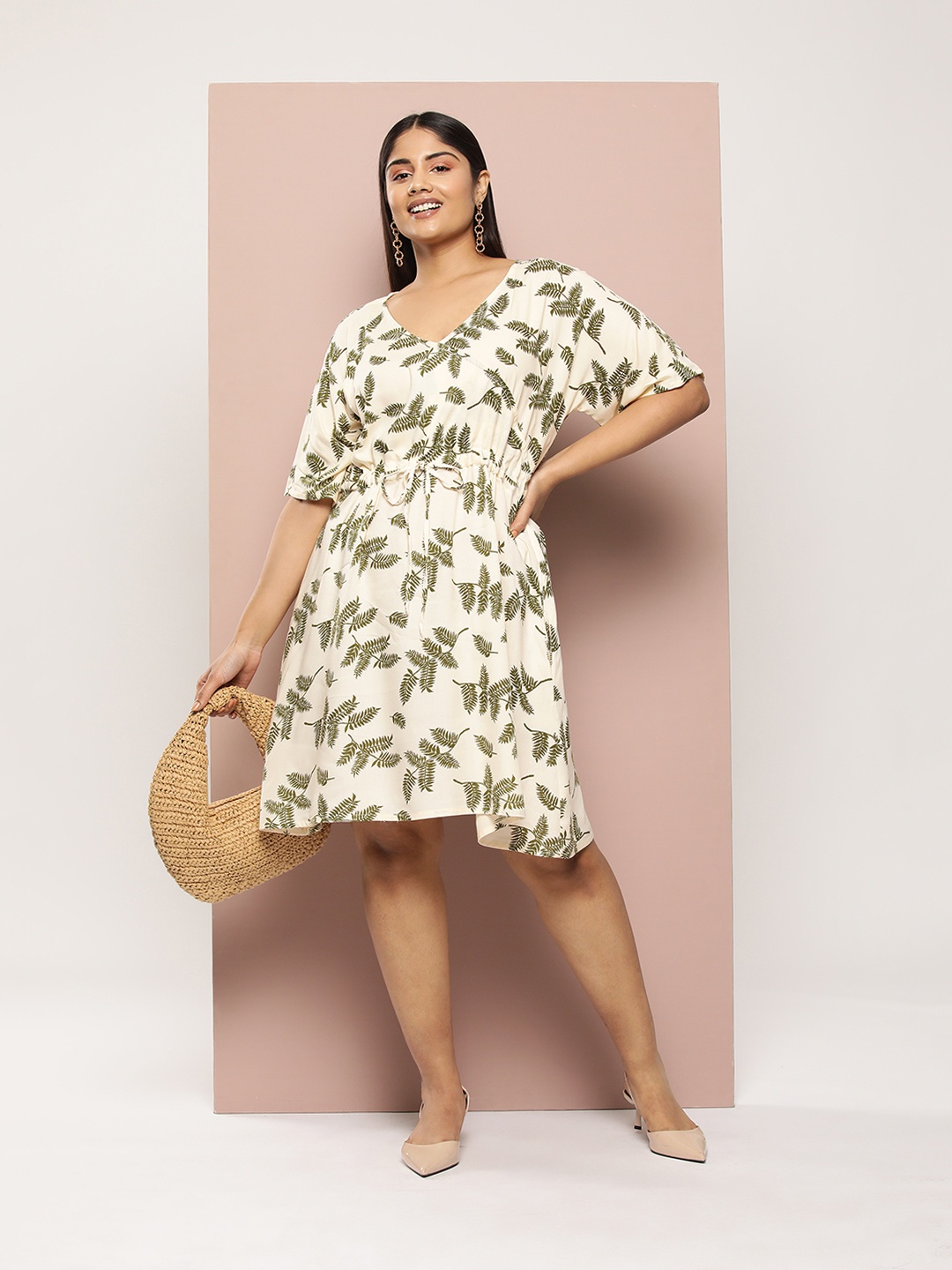 

Sztori Plus Size Floral Print Wrap Style Dress, Cream