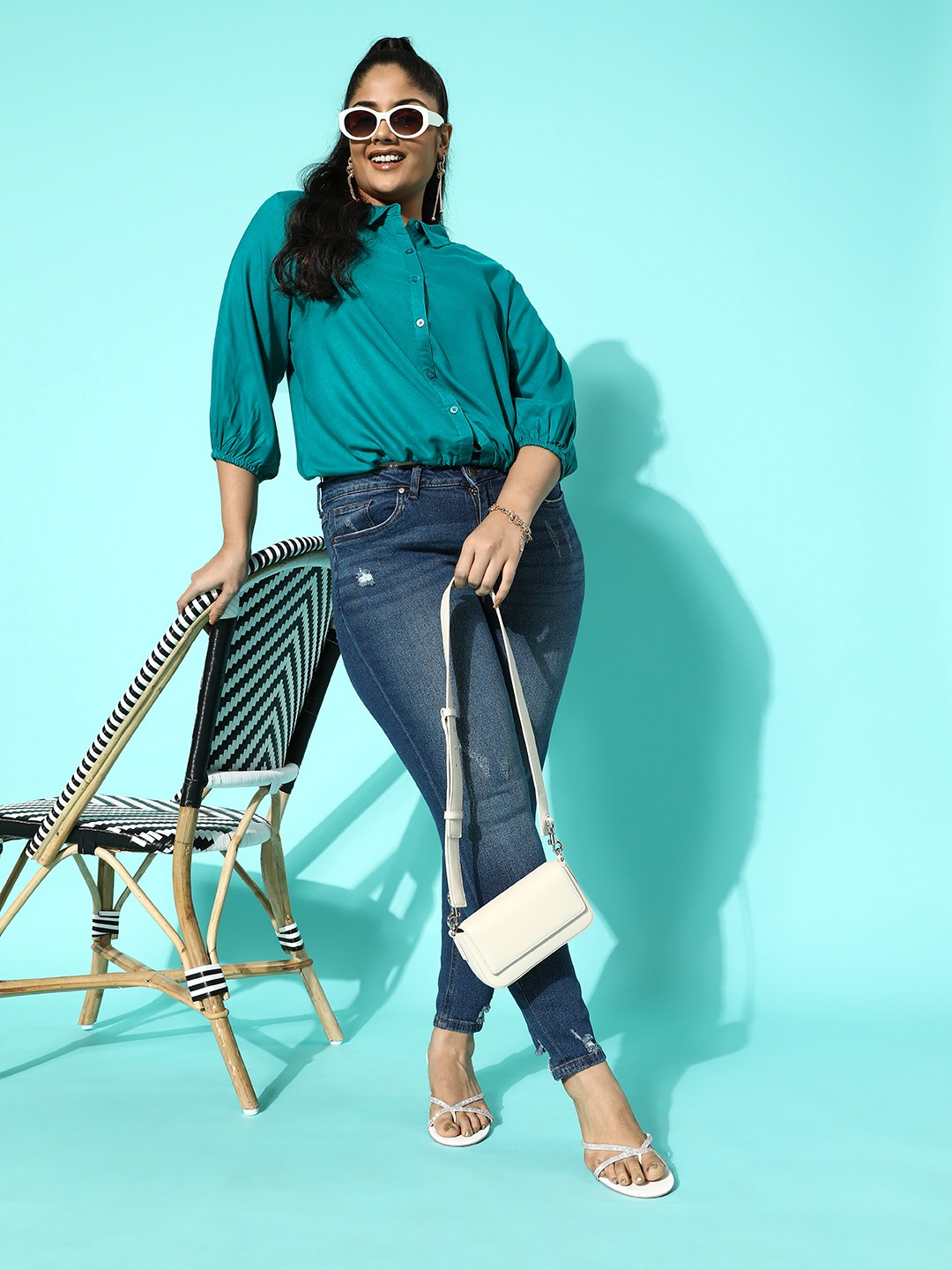 

Sztori Plus Size Tie-Up Waist Shirt Style Top, Teal