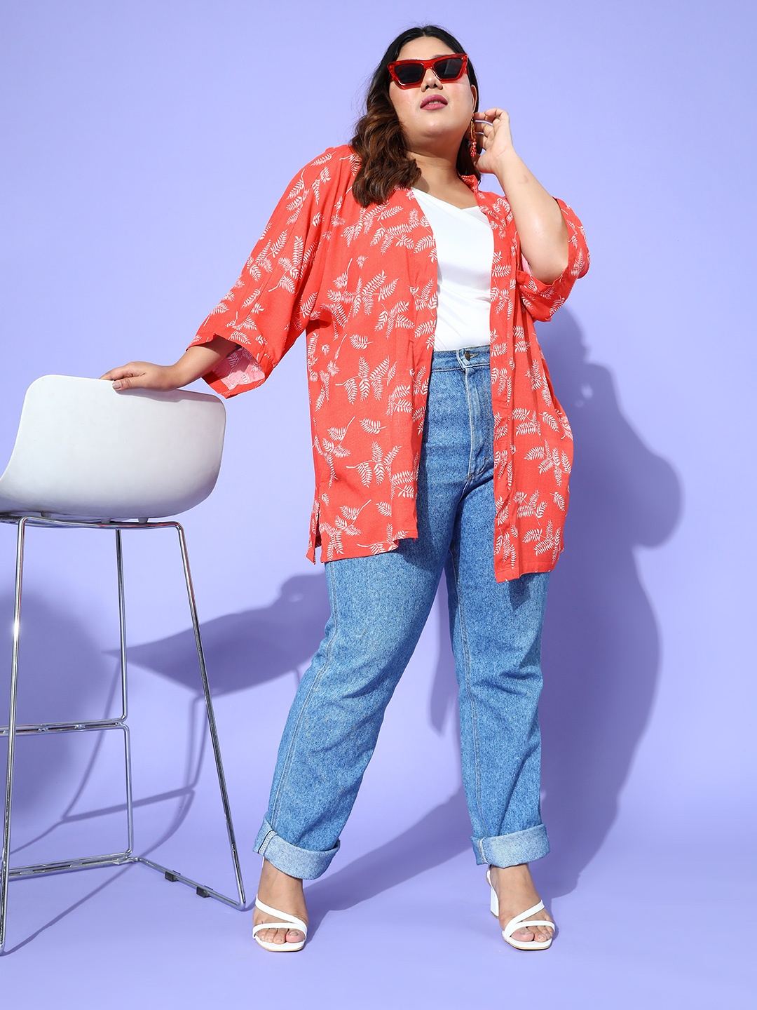 

Sztori Women Plus Size Leaf Print Open-Front Longline Shrug, Coral