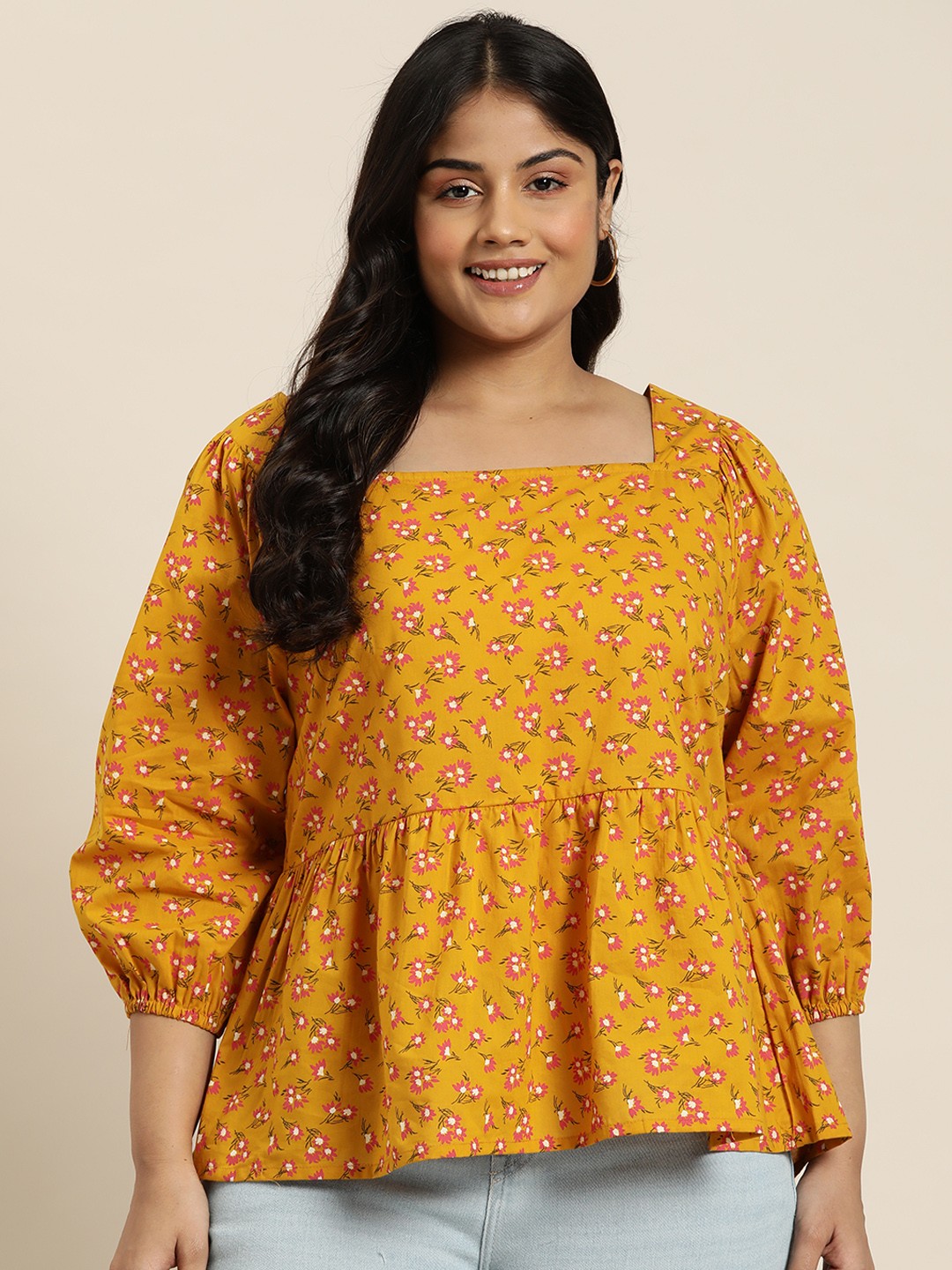 

Sztori Plus Size Square Neck Floral Print Puff Sleeve Cotton A-Line Top, Mustard