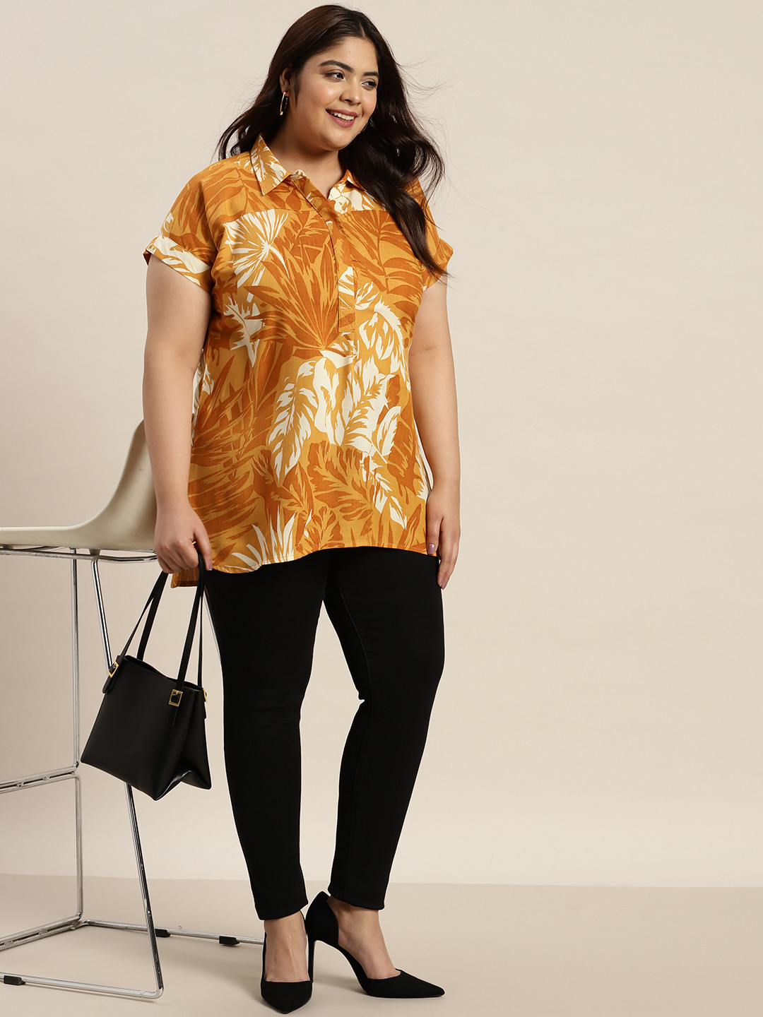 

Sztori Plus Size Printed Extended Sleeves Shirt Style Longline Top, Mustard