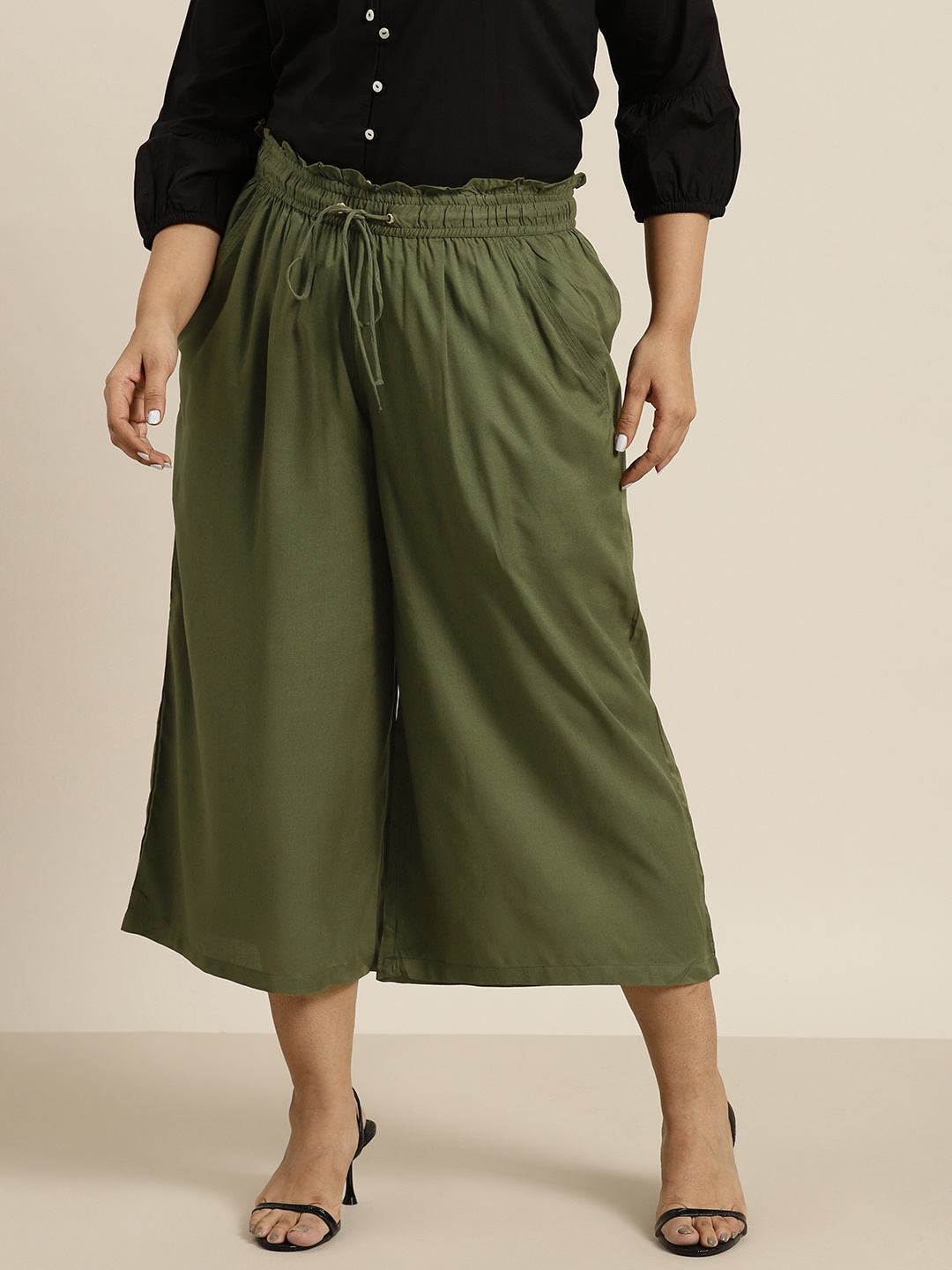 

Sztori Women Plus Size Wide Leg Pleated Culottes Trousers, Olive