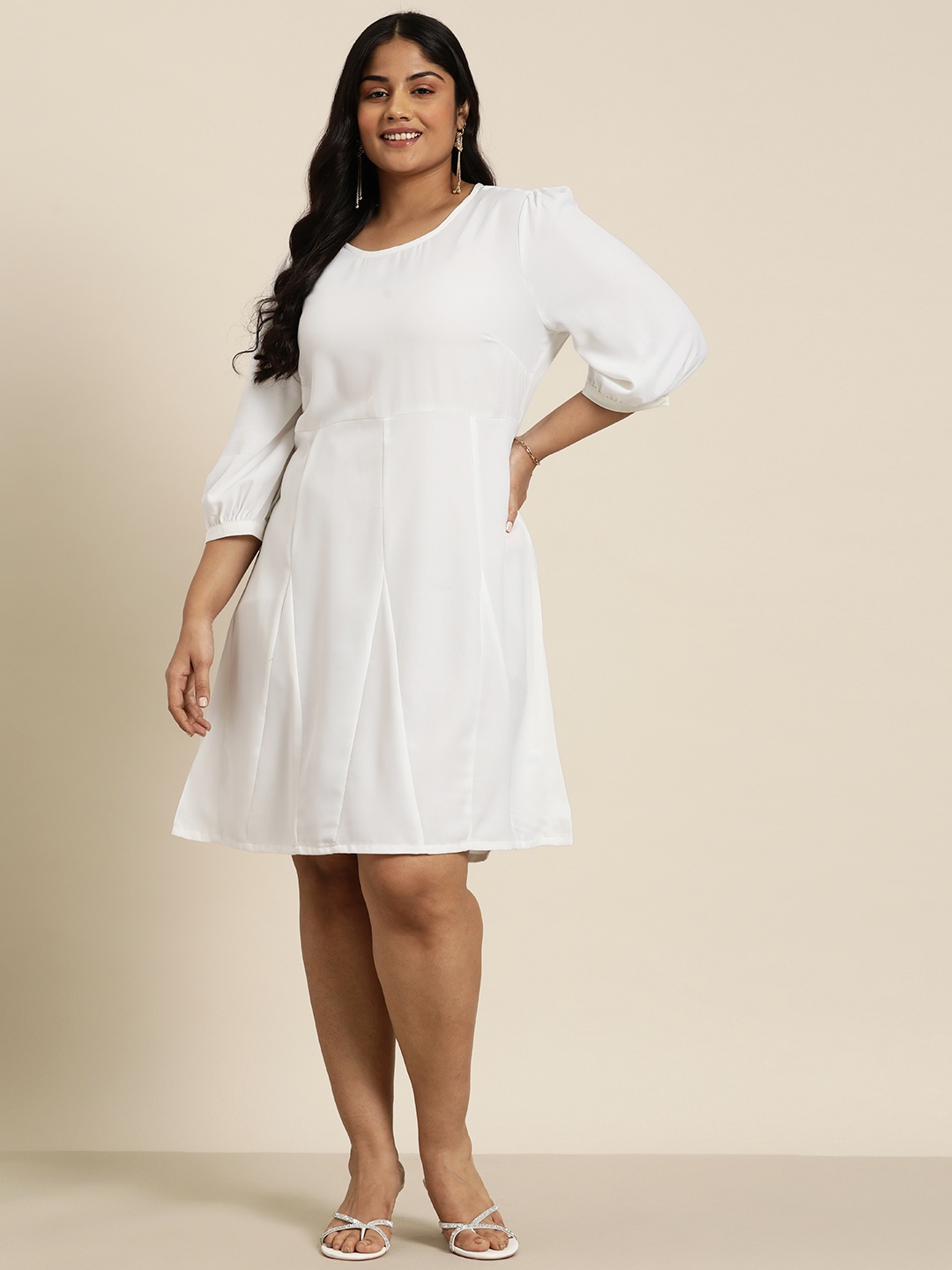 

Sztori Plus Size Solid Panelled A-Line Dress, White