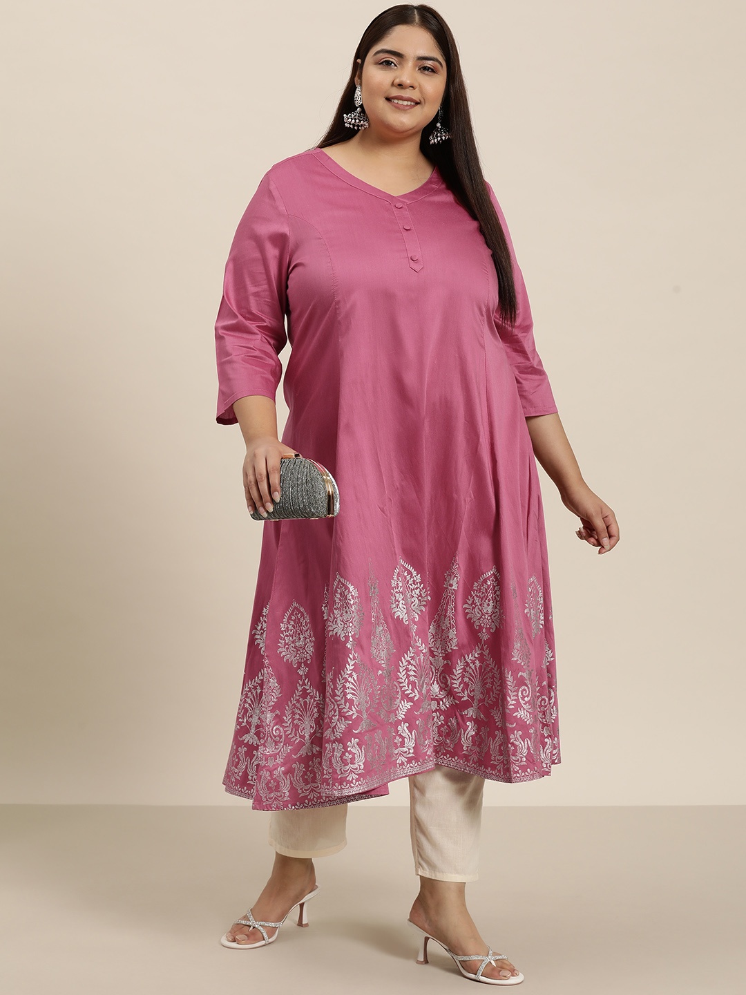 

Sztori Plus Size Ethnic Motifs Print Anarkali Kurta, Pink