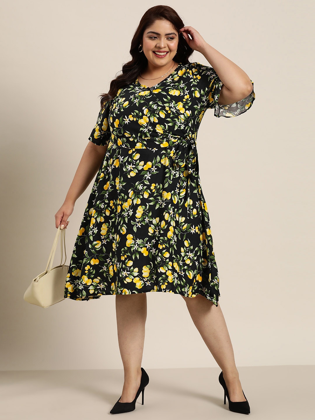 

Sztori Women Plus Size Floral Print Wrap Belted Dress, Black