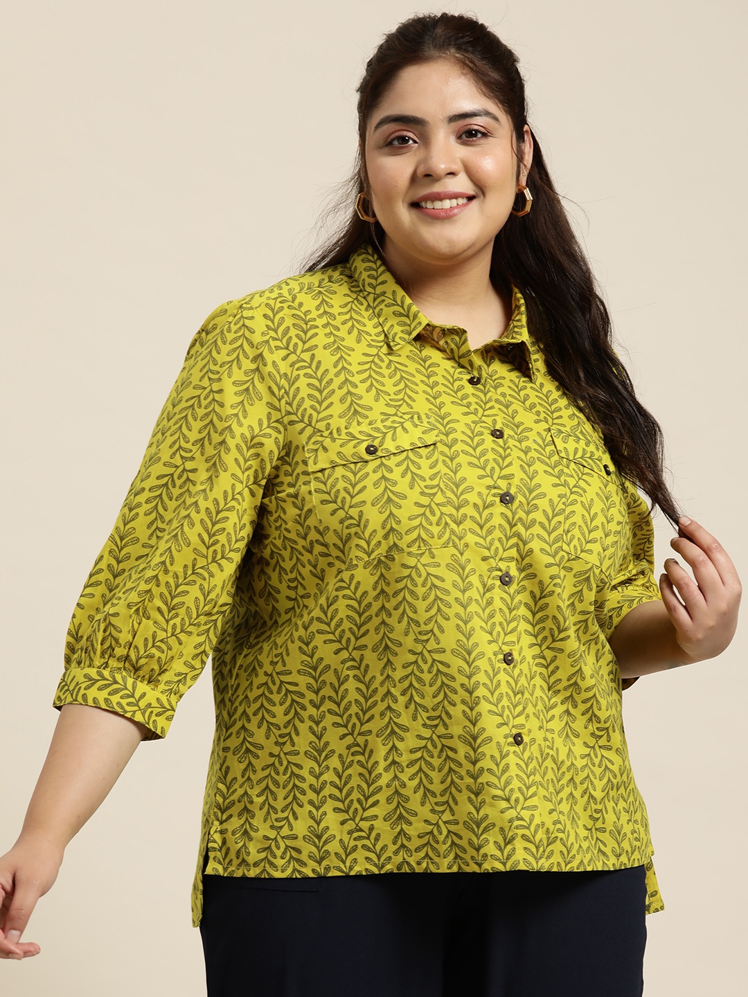 

Sztori Plus Size Ethnic Print Pure Cotton Shirt, Lime green