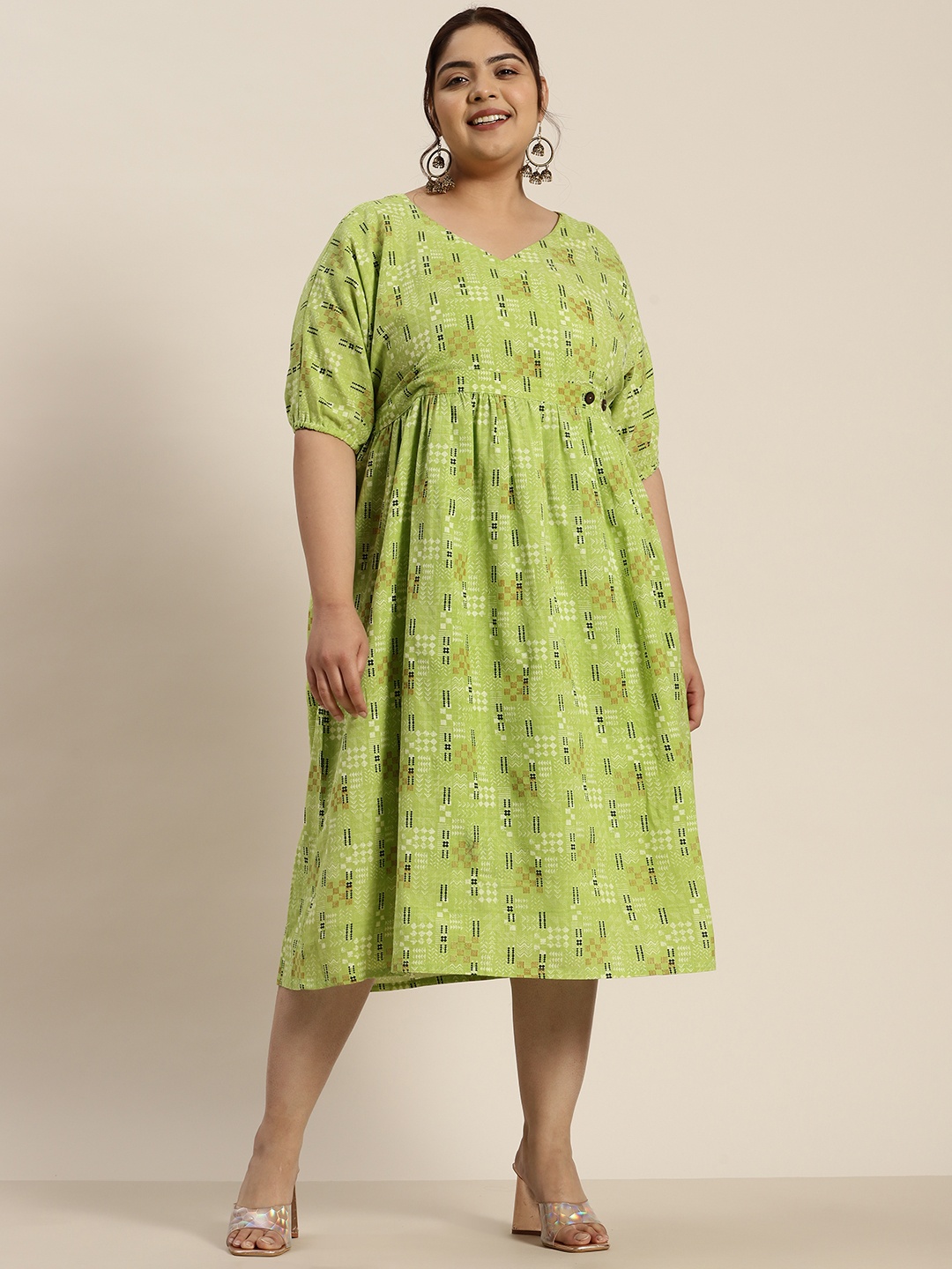

Sztori Plus Size Ethnic Motifs Print A-Line Midi Dress, Green