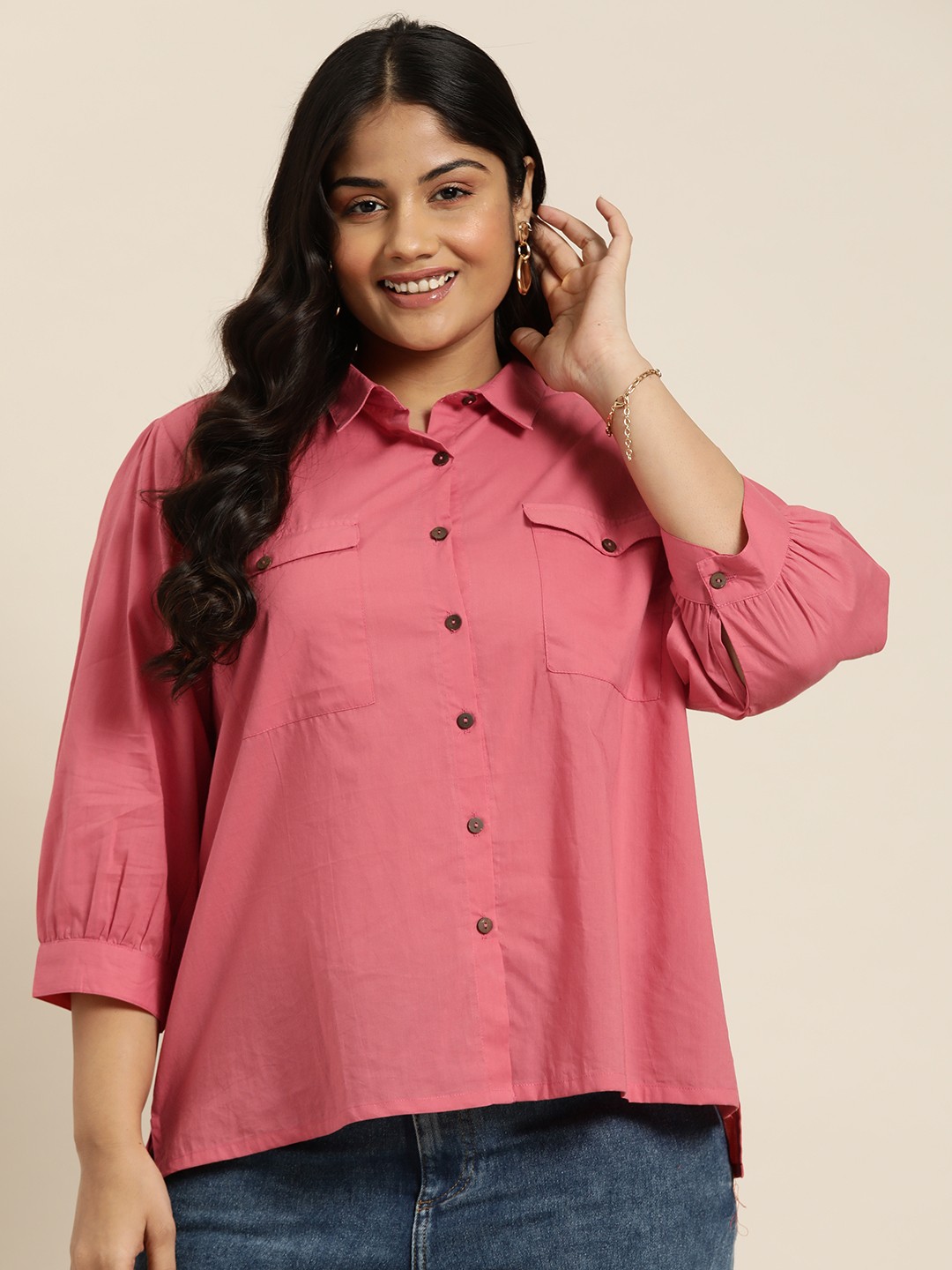 

Sztori Plus Size Pure Cotton High Low-Hem Casual Shirt, Pink