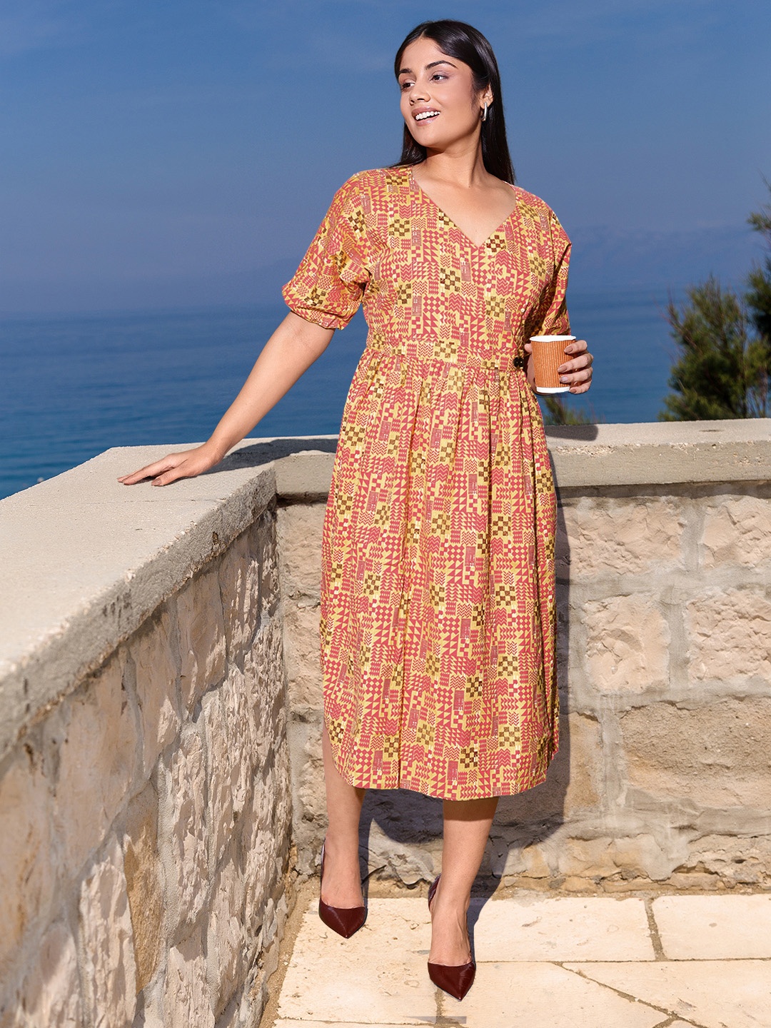 

Sztori Plus Size Ethnic Motifs Print A-Line Midi Dress, Pink