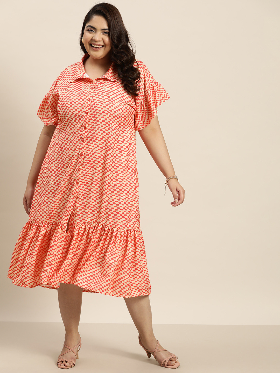 

Sztori Plus Size Geometric Flared Sleeve Shirt Midi Dress, Orange