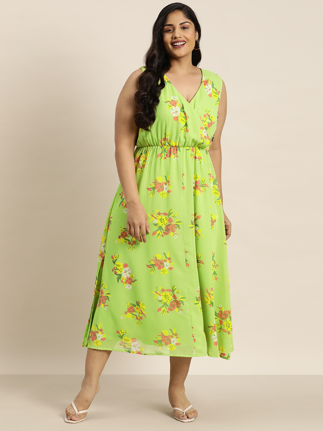 

Sztori Plus Size Floral Print Midi Wrap Dress, Green