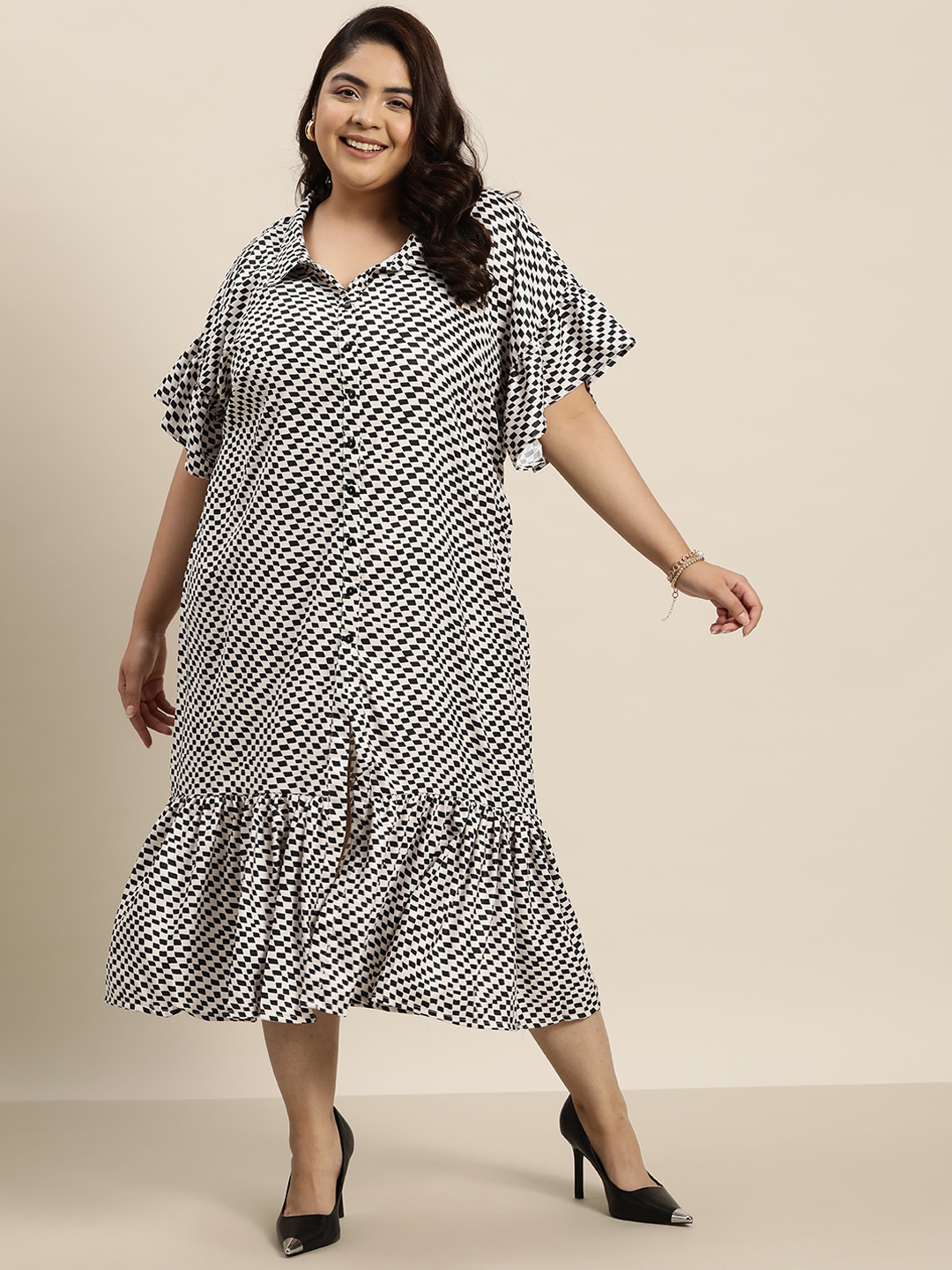 

Sztori Plus Size Geometric Flared Sleeve Shirt Midi Dress, White