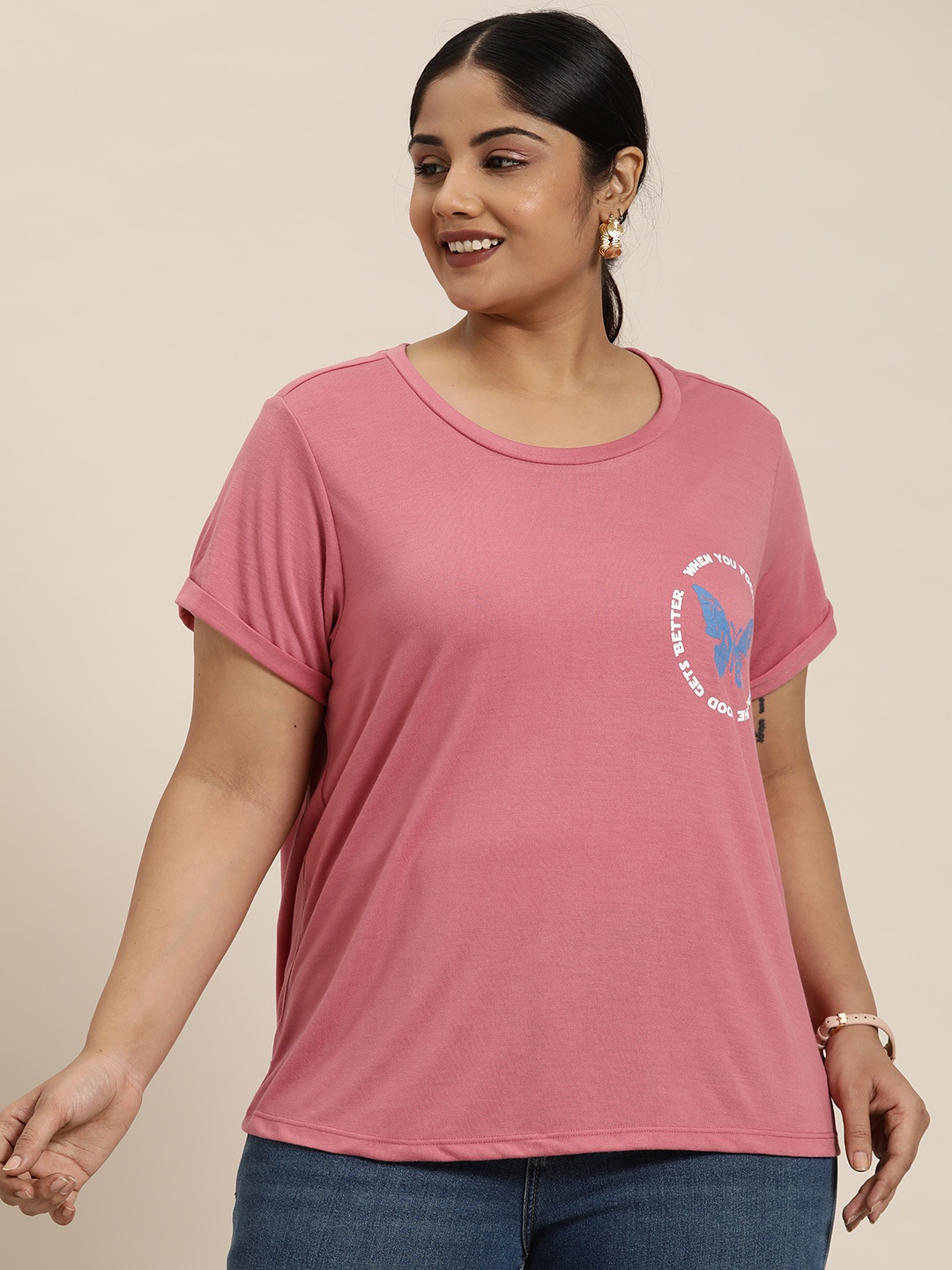 

Sztori Plus Size Typography Printed Detail T-shirt, Pink