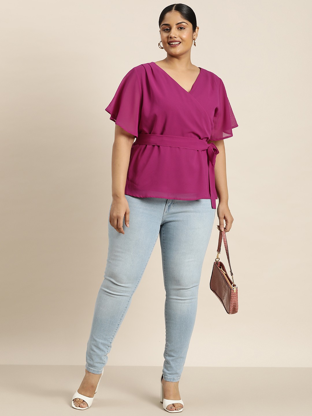 

Sztori Plus Size Flared Sleeves Wrap Top, Magenta