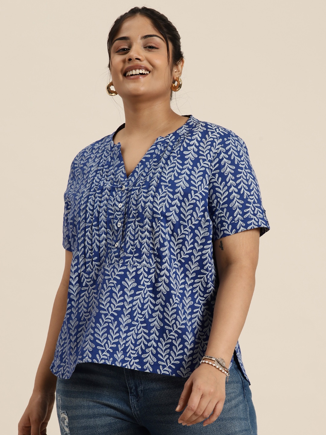

Sztori Plus Size Floral Print Mandarin Collar Cotton Pintucks Top, Blue