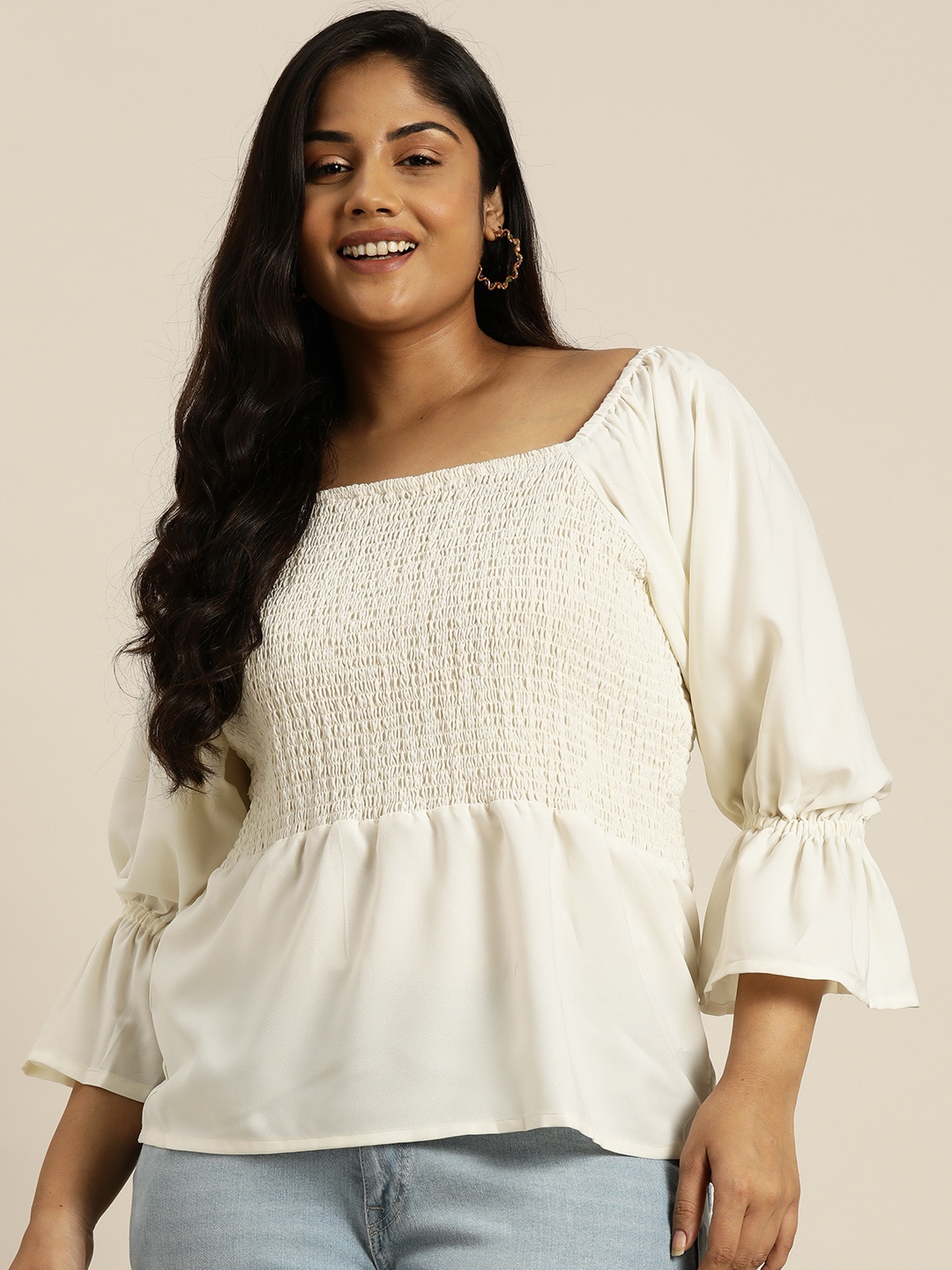 

Sztori Plus Size Shirred Bell Sleeve Peplum Top, Off white