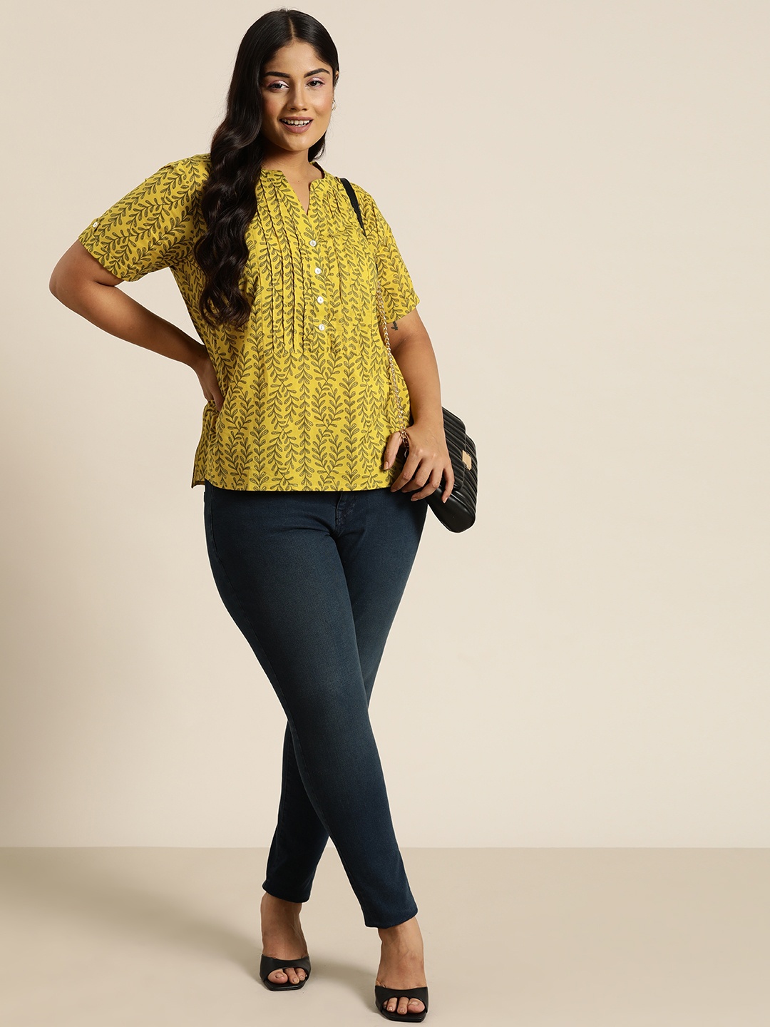 

Sztori Ethnic Motifs Printed Pure Cotton Pleated Kurti, Mustard