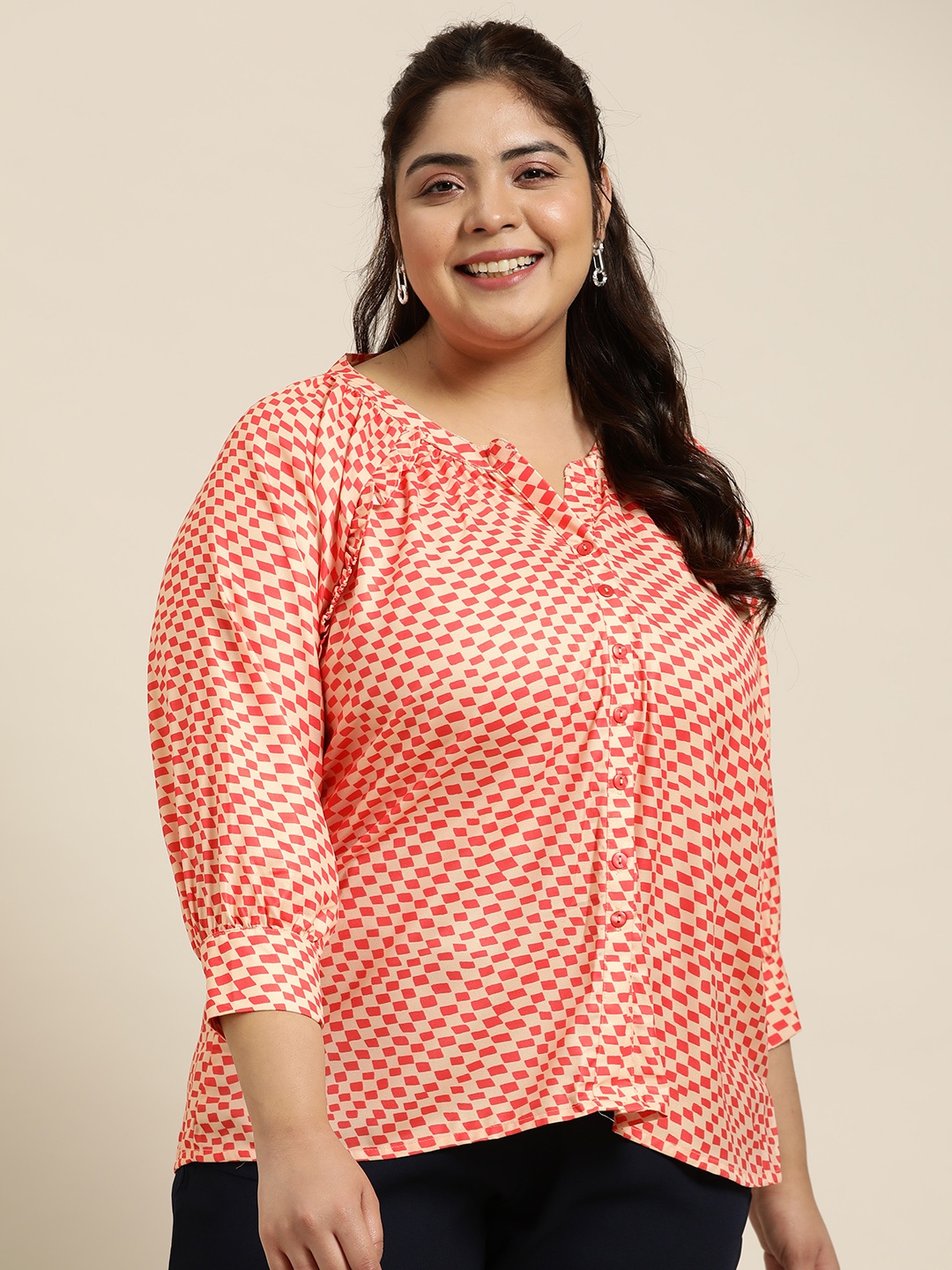 

Sztori Plus Size Geometric Print Shirt Style Top, Peach
