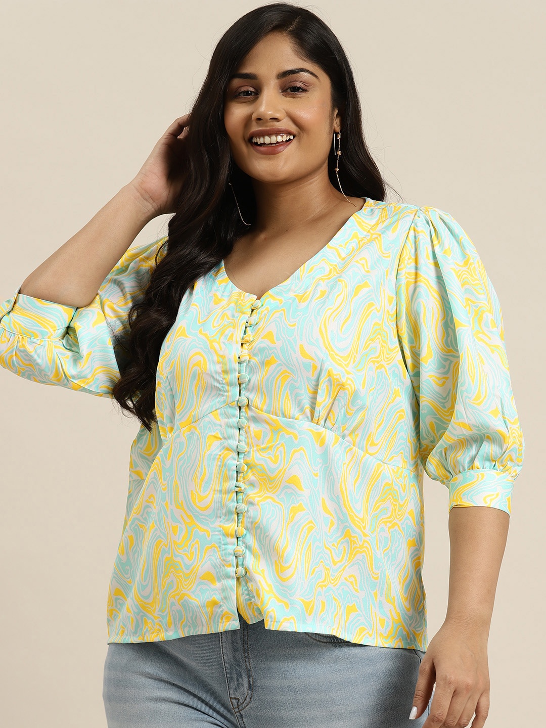 

Sztori Plus Size Abstract Print Top, Yellow
