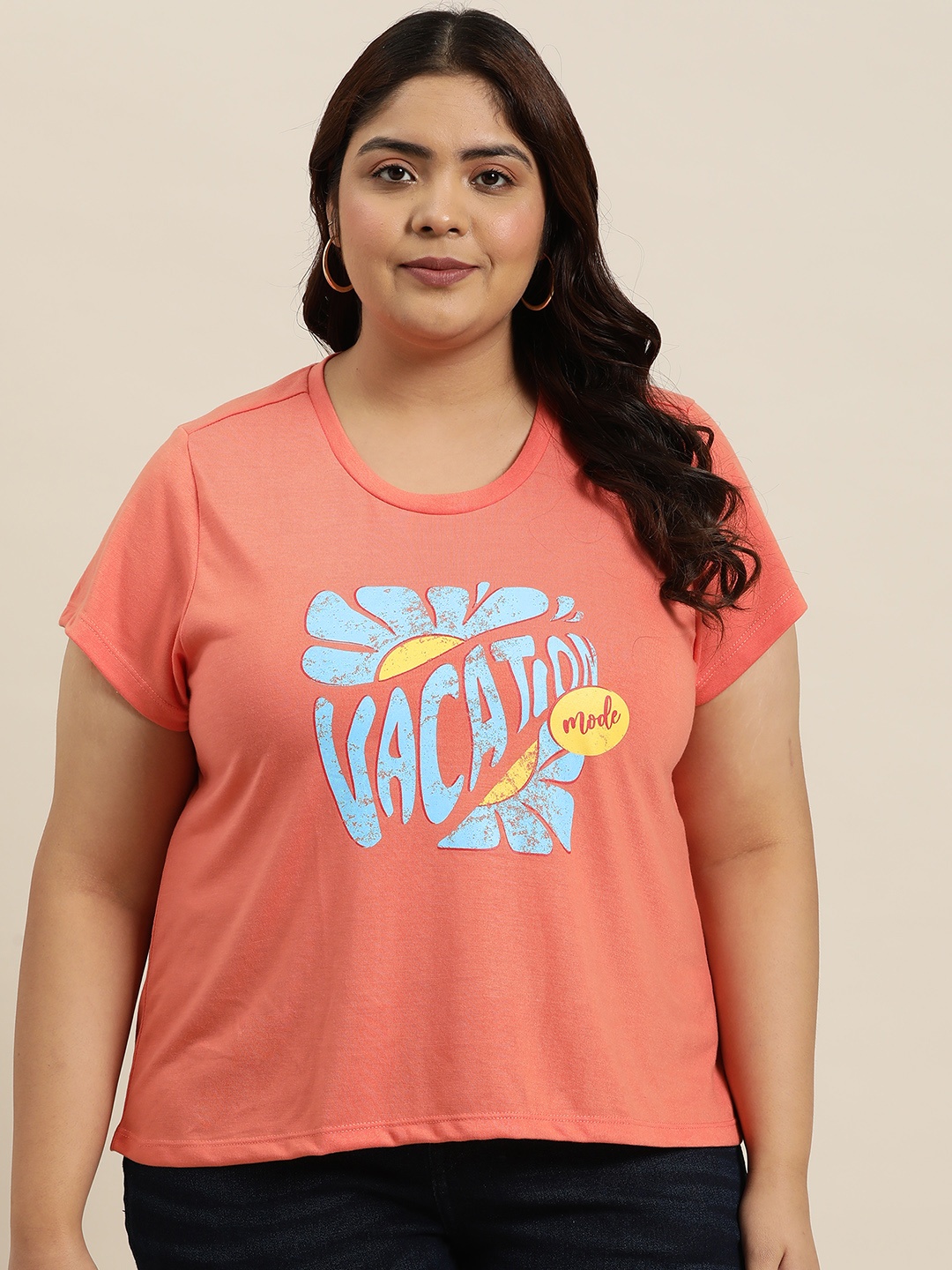 

Sztori Plus Size Printed T-shirt, Peach